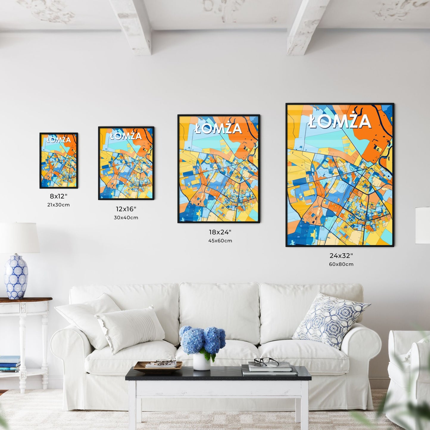 ŁOMŻA POLAND Vibrant Colorful Art Map Poster Blue Orange