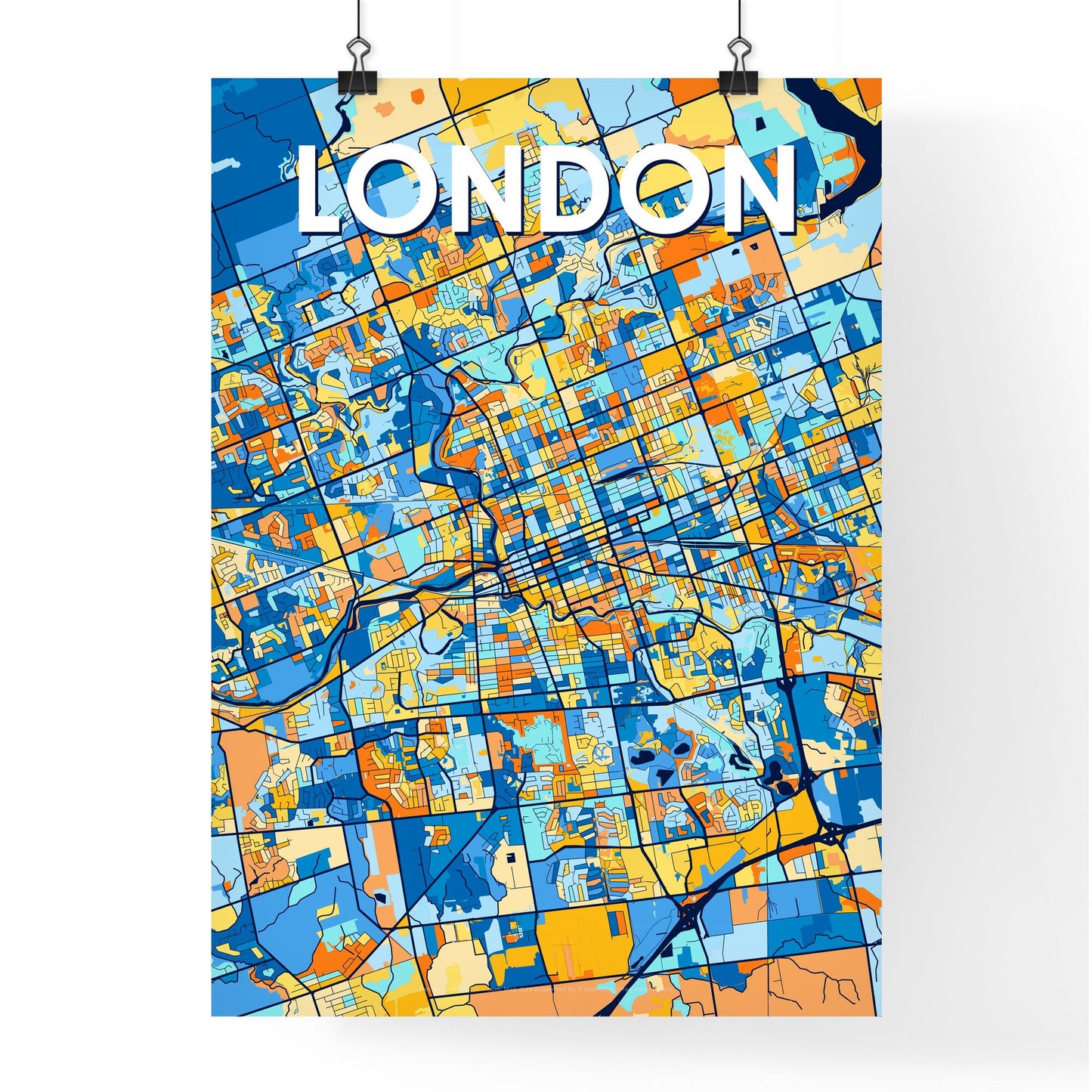 LONDON CANADA Vibrant Colorful Art Map Poster Blue Orange