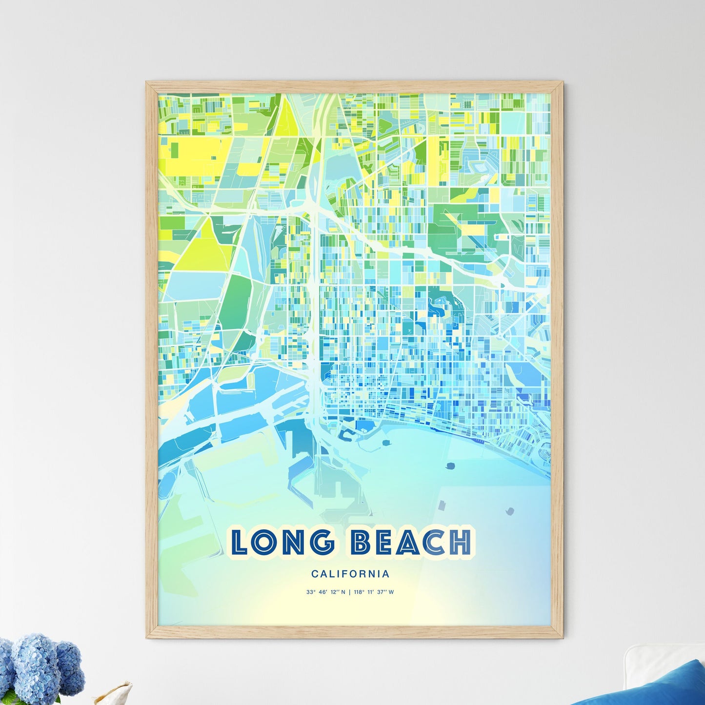 Colorful Long Beach California Fine Art Map Cool Blue