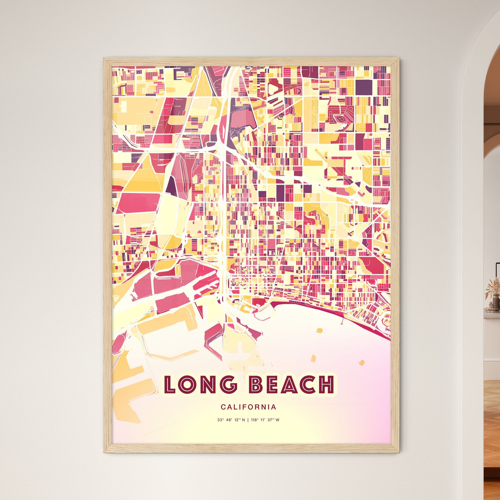 Colorful Long Beach California Fine Art Map Hot Red