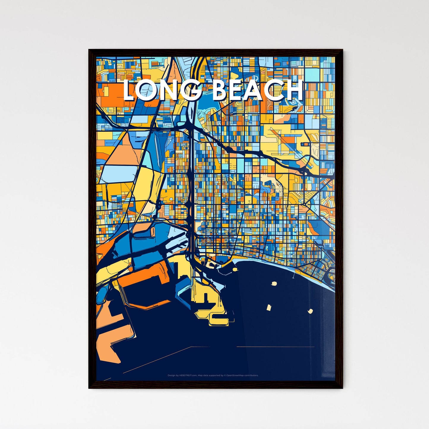 LONG BEACH CALIFORNIA Vibrant Colorful Art Map Poster Blue Orange