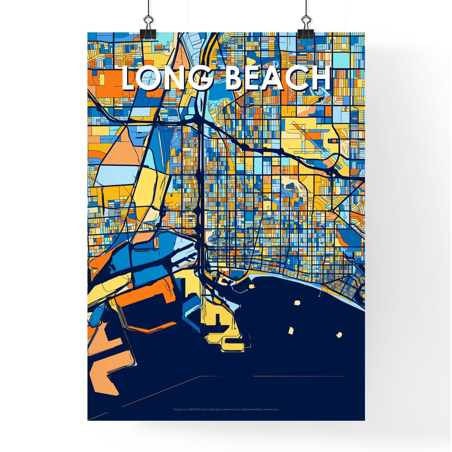 LONG BEACH CALIFORNIA Vibrant Colorful Art Map Poster Blue Orange