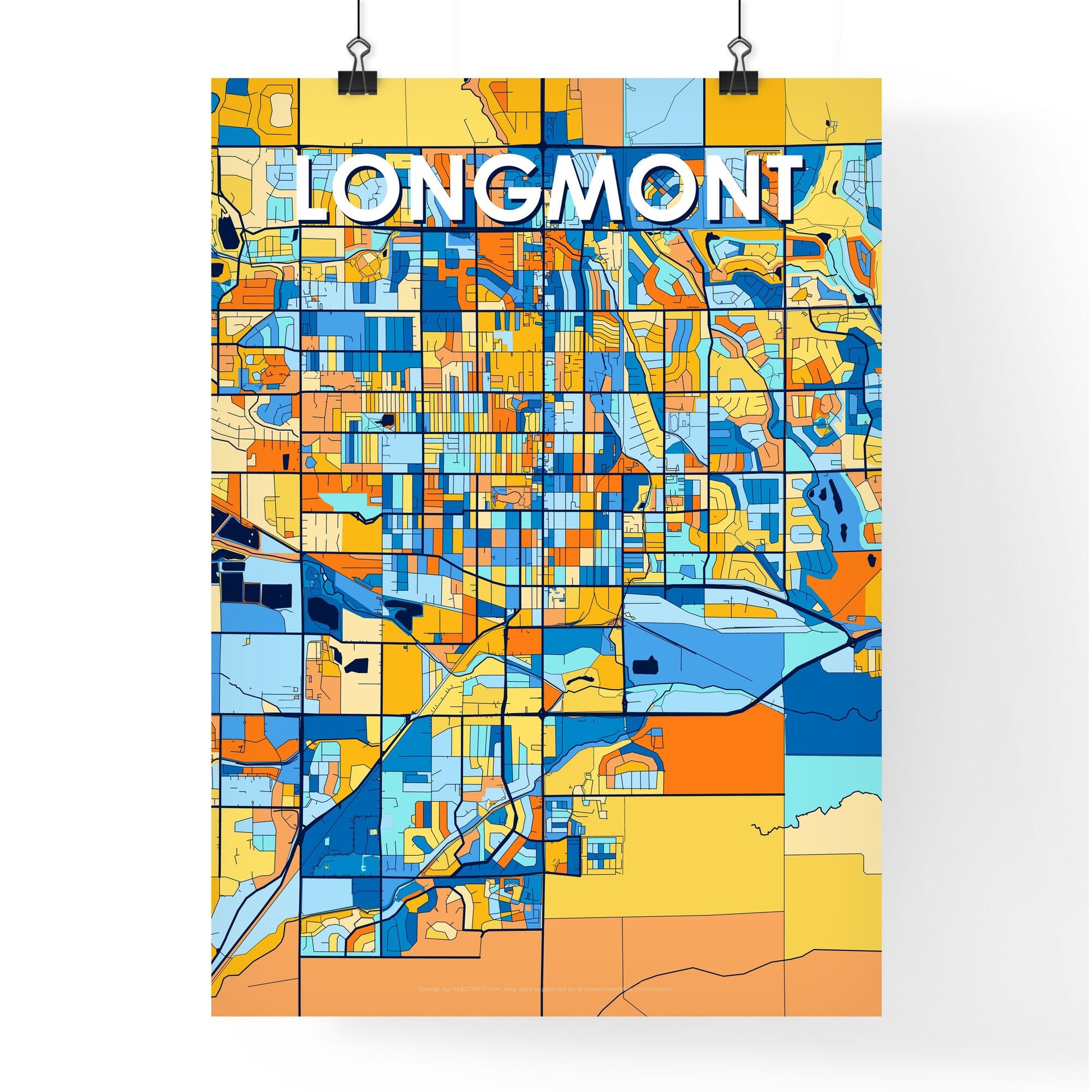 LONGMONT COLORADO Vibrant Colorful Art Map Poster Blue Orange