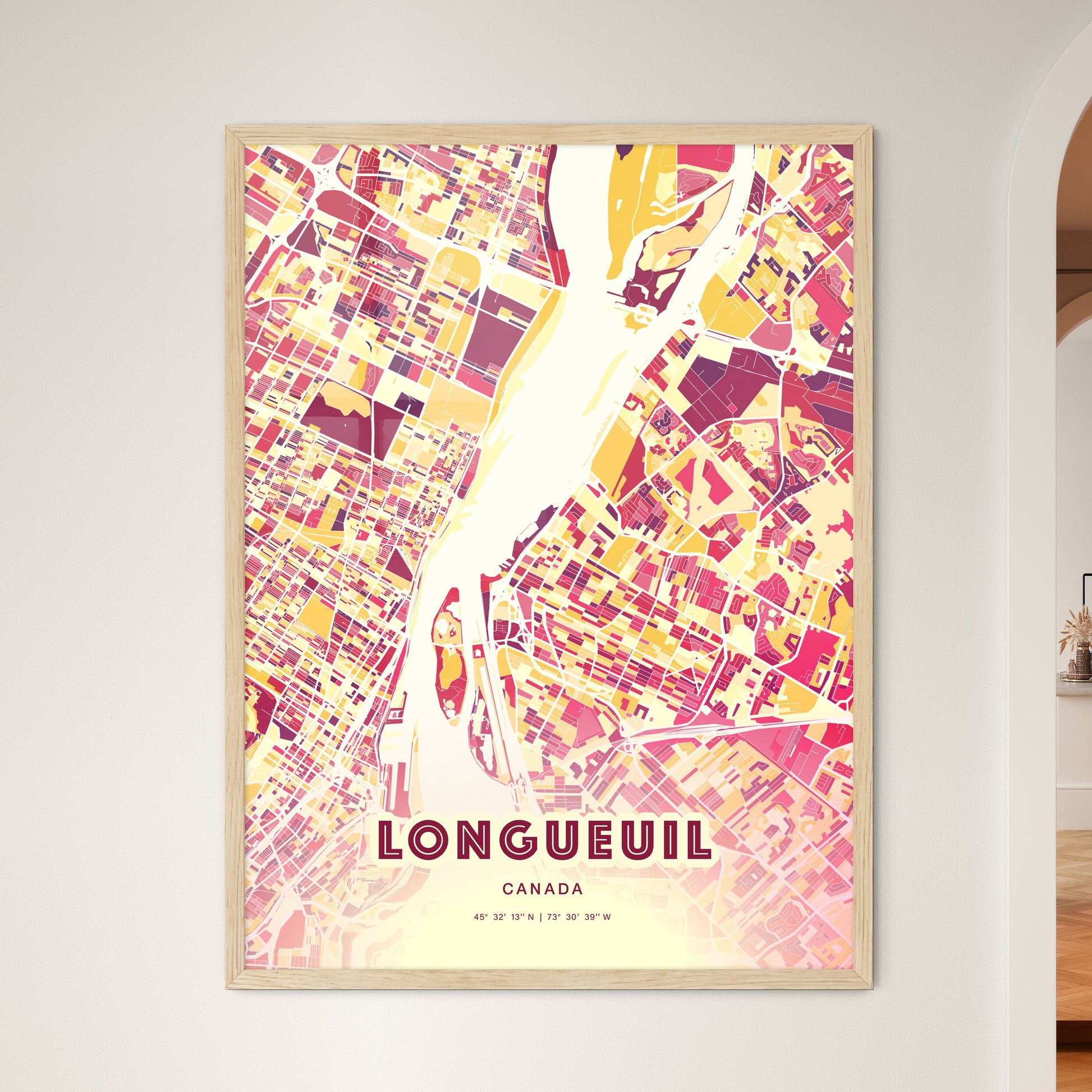 Colorful Longueuil Canada Fine Art Map Hot Red