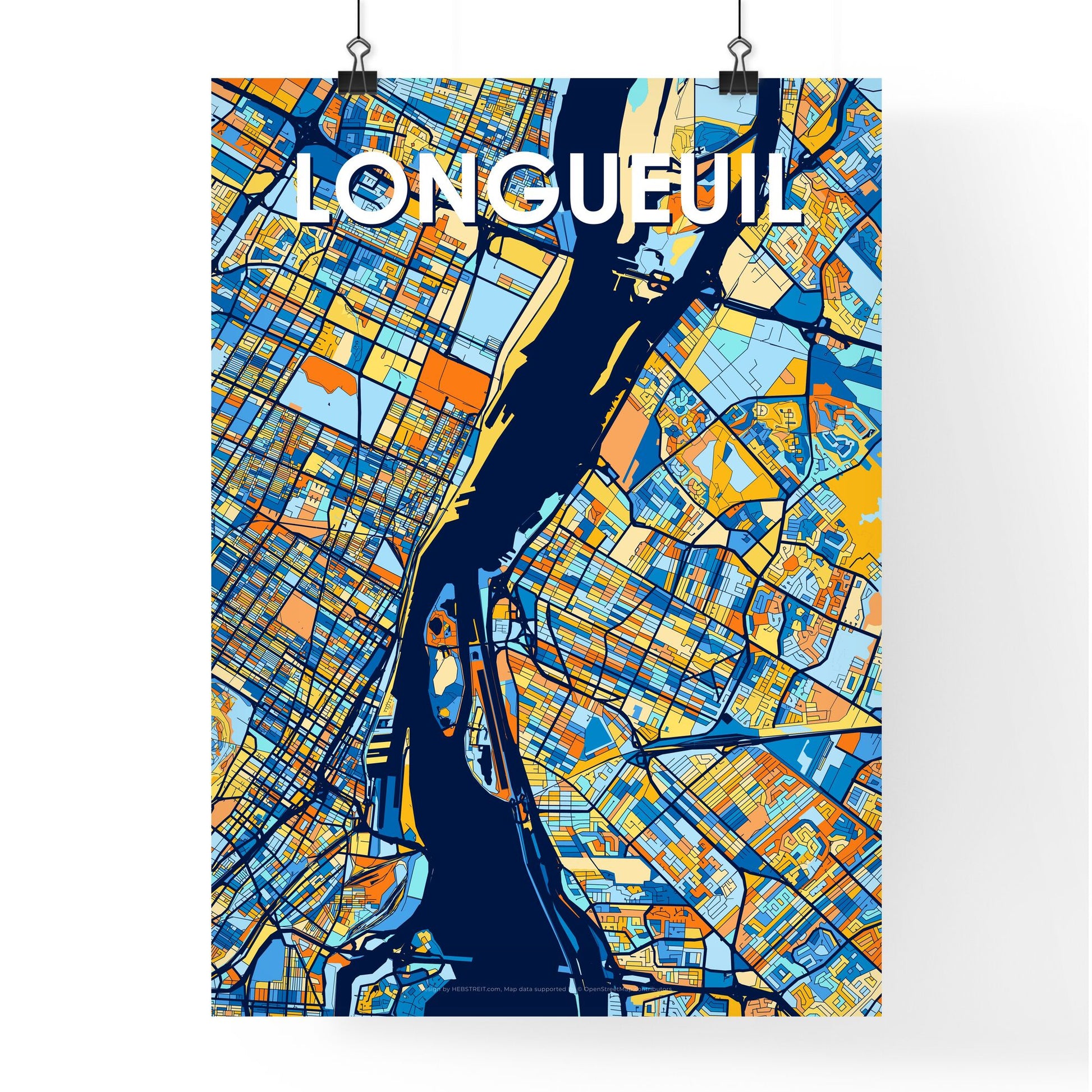 LONGUEUIL CANADA Vibrant Colorful Art Map Poster Blue Orange