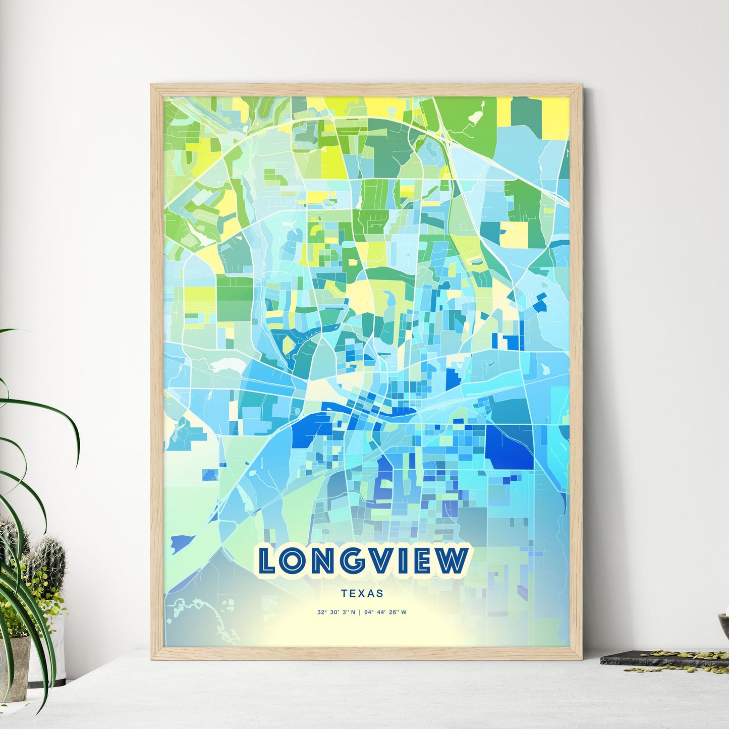 Colorful Longview Texas Fine Art Map Cool Blue