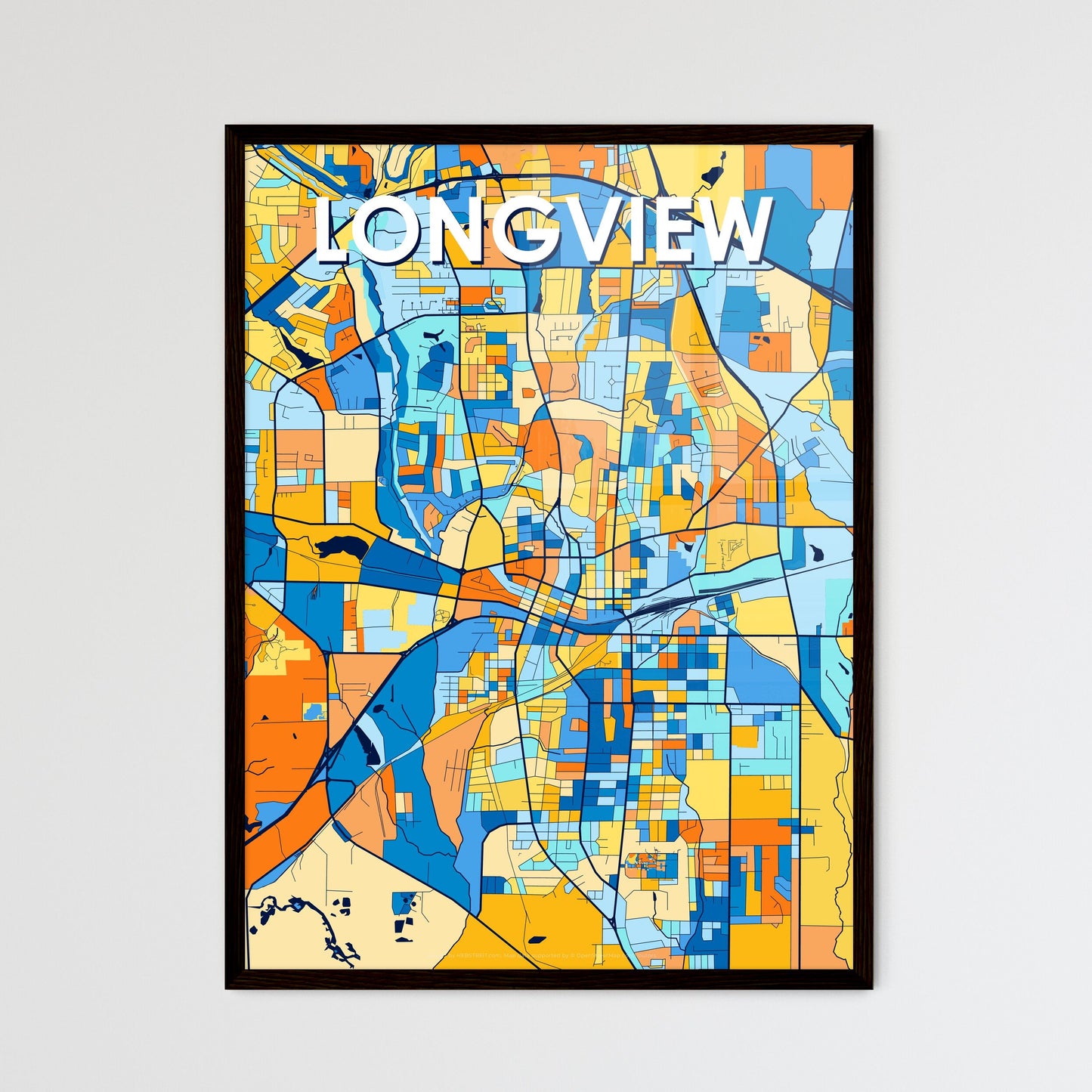 LONGVIEW TEXAS Vibrant Colorful Art Map Poster Blue Orange