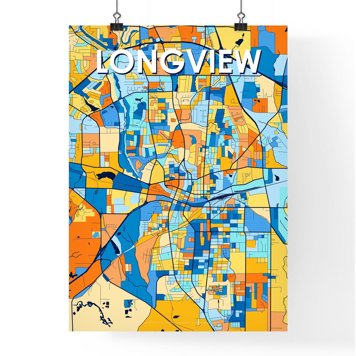 LONGVIEW TEXAS Vibrant Colorful Art Map Poster Blue Orange