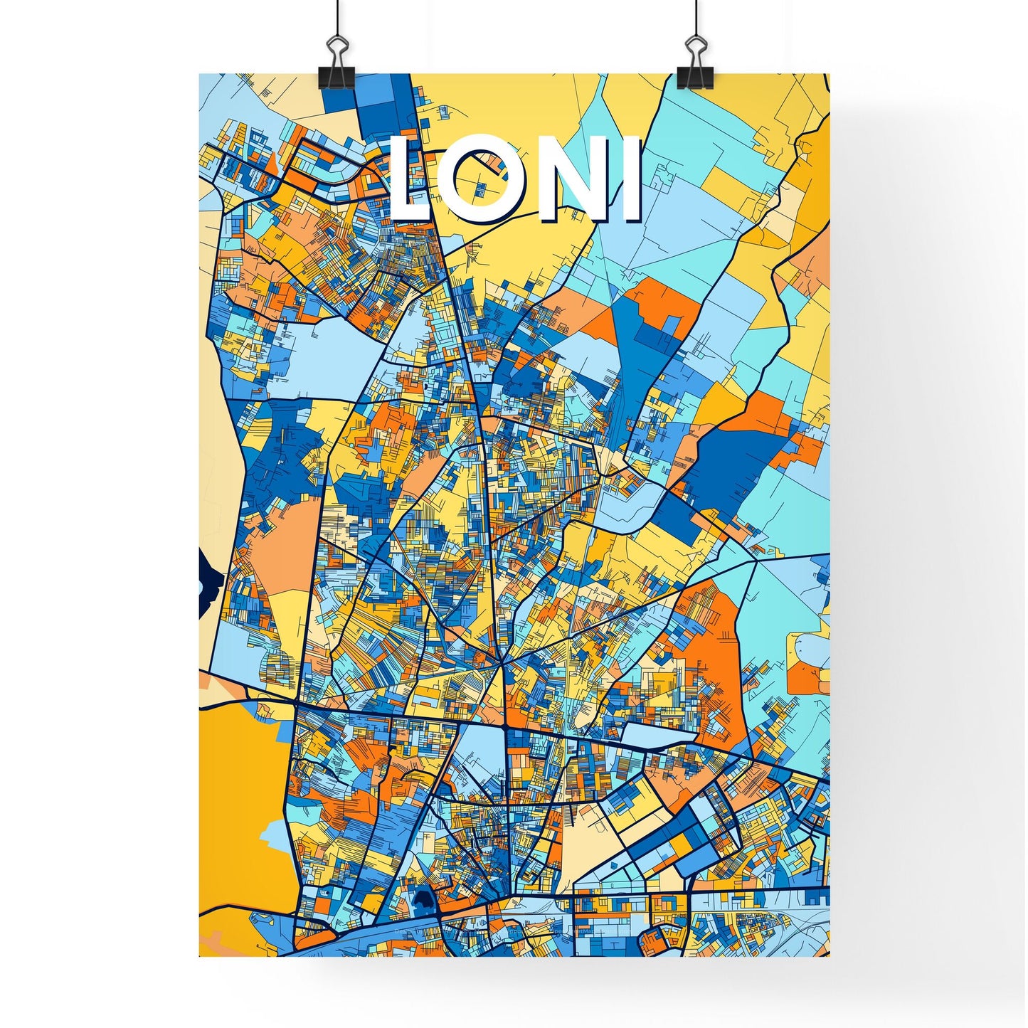 LONI INDIA Vibrant Colorful Art Map Poster Blue Orange