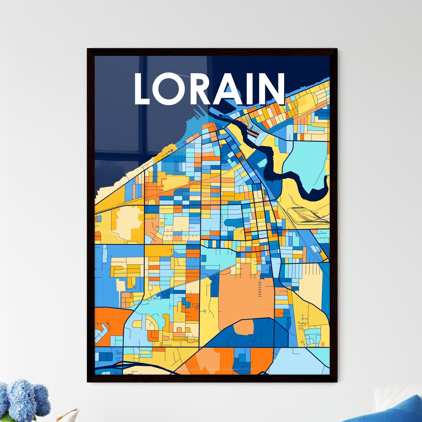 LORAIN OHIO Vibrant Colorful Art Map Poster Blue Orange