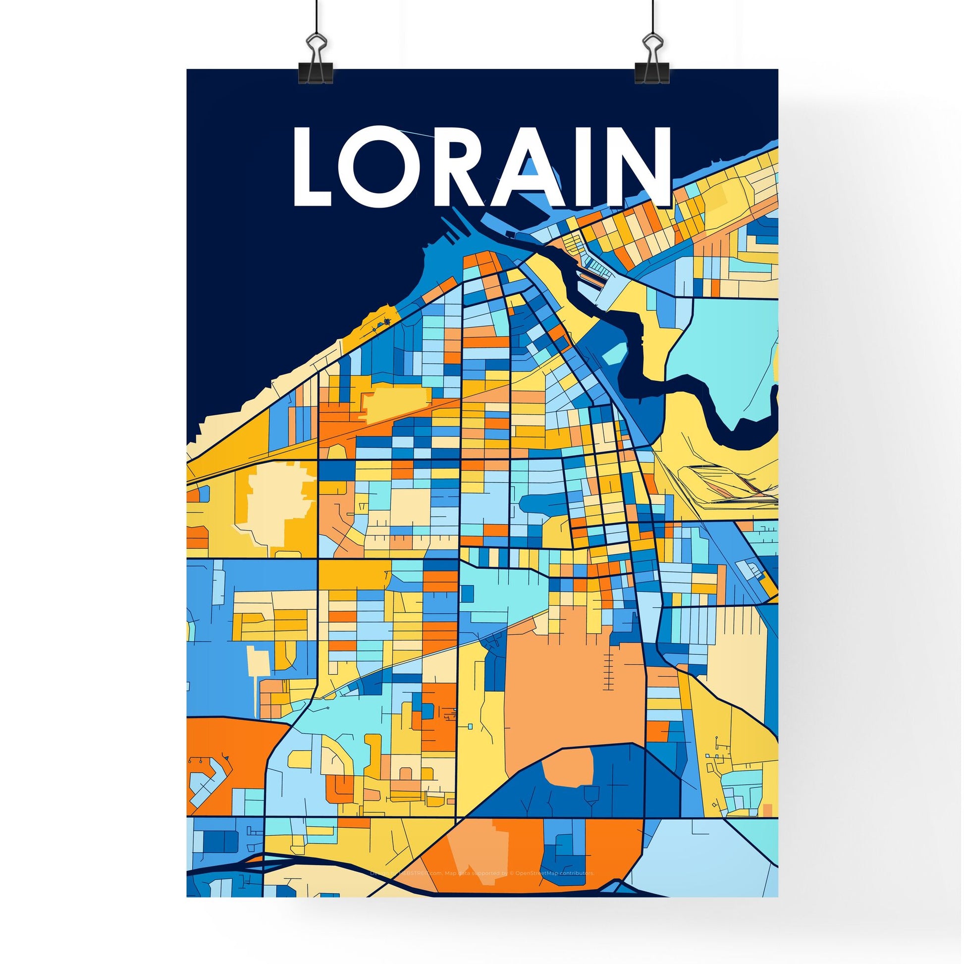 LORAIN OHIO Vibrant Colorful Art Map Poster Blue Orange