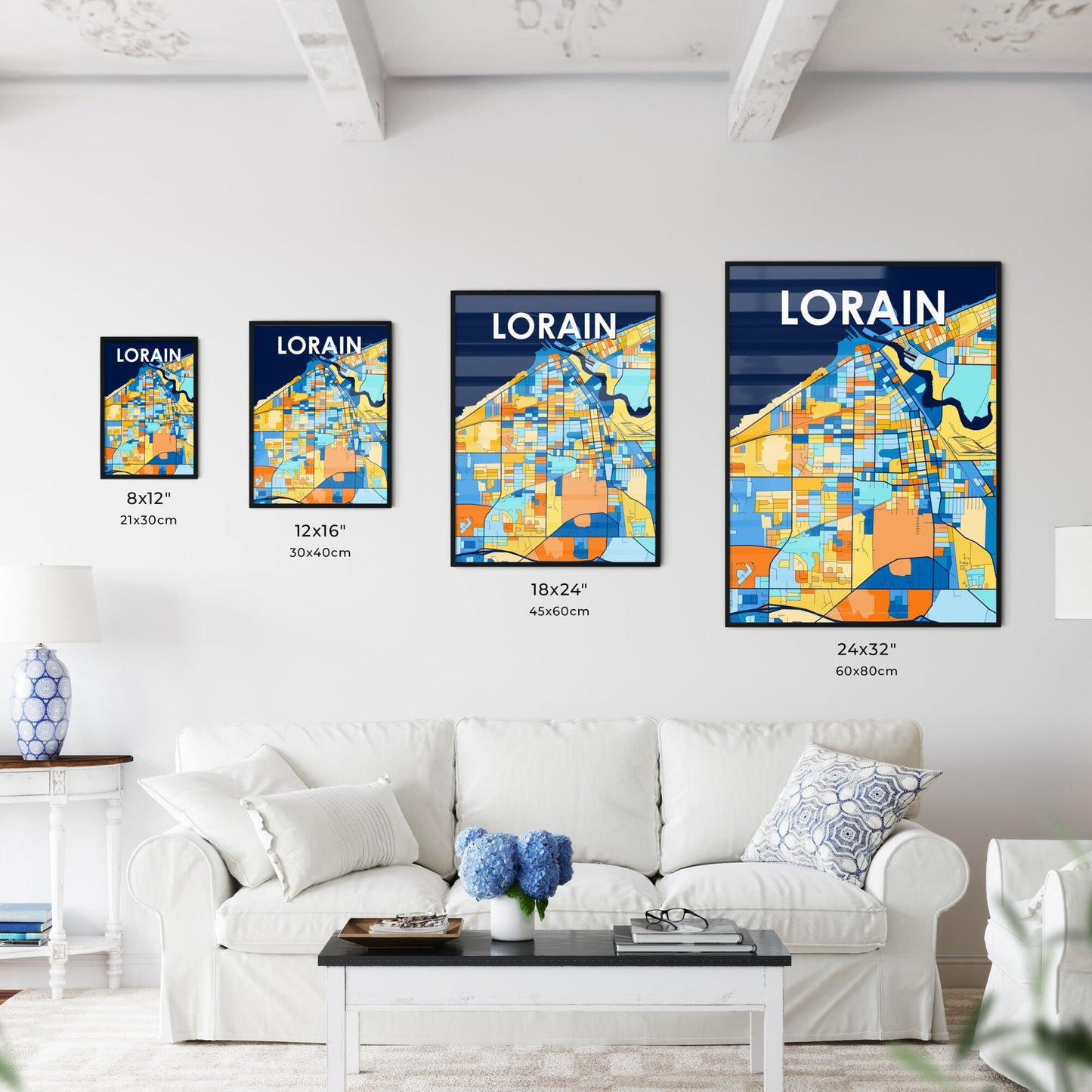 LORAIN OHIO Vibrant Colorful Art Map Poster Blue Orange