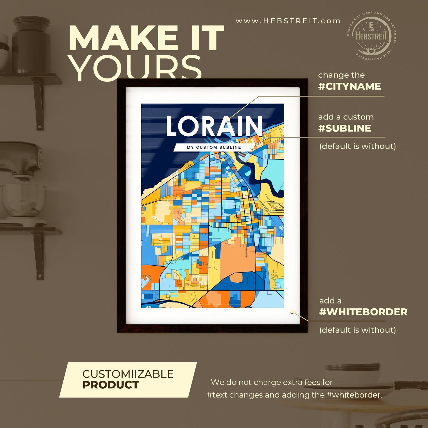 LORAIN OHIO Vibrant Colorful Art Map Poster Blue Orange