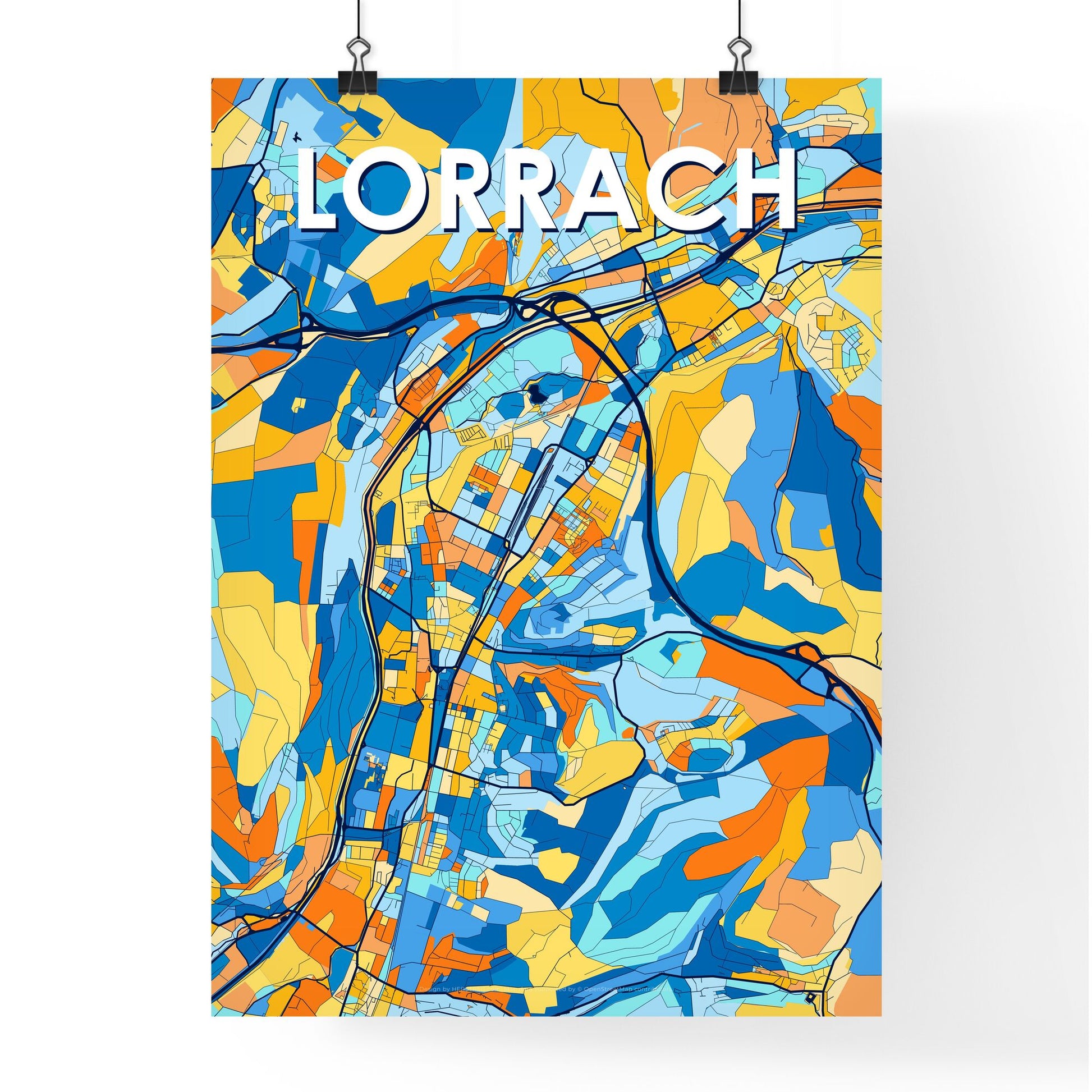 LORRACH GERMANY Vibrant Colorful Art Map Poster Blue Orange