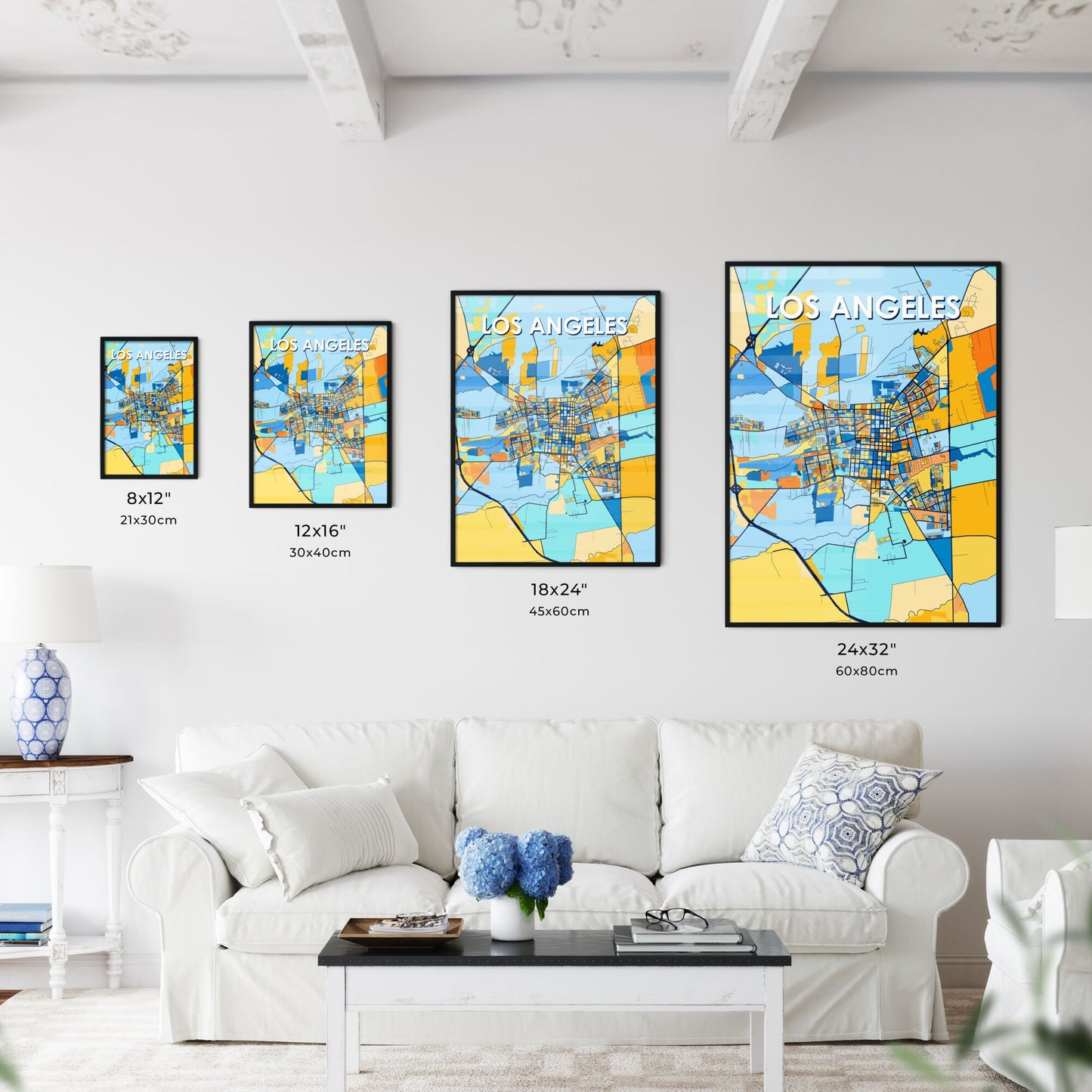 LOS ANGELES CHILE Vibrant Colorful Art Map Poster Blue Orange