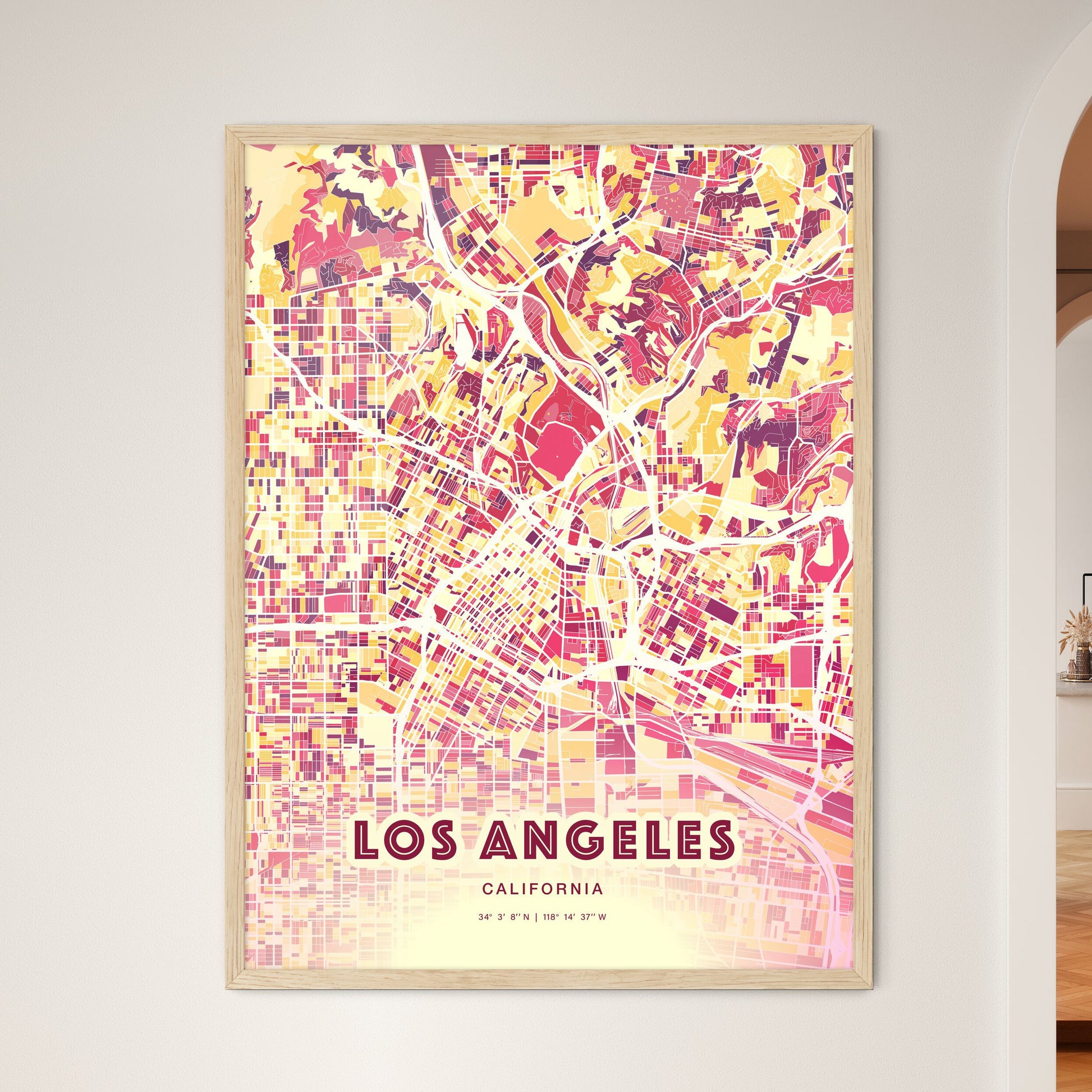 Colorful Los Angeles California Fine Art Map Hot Red