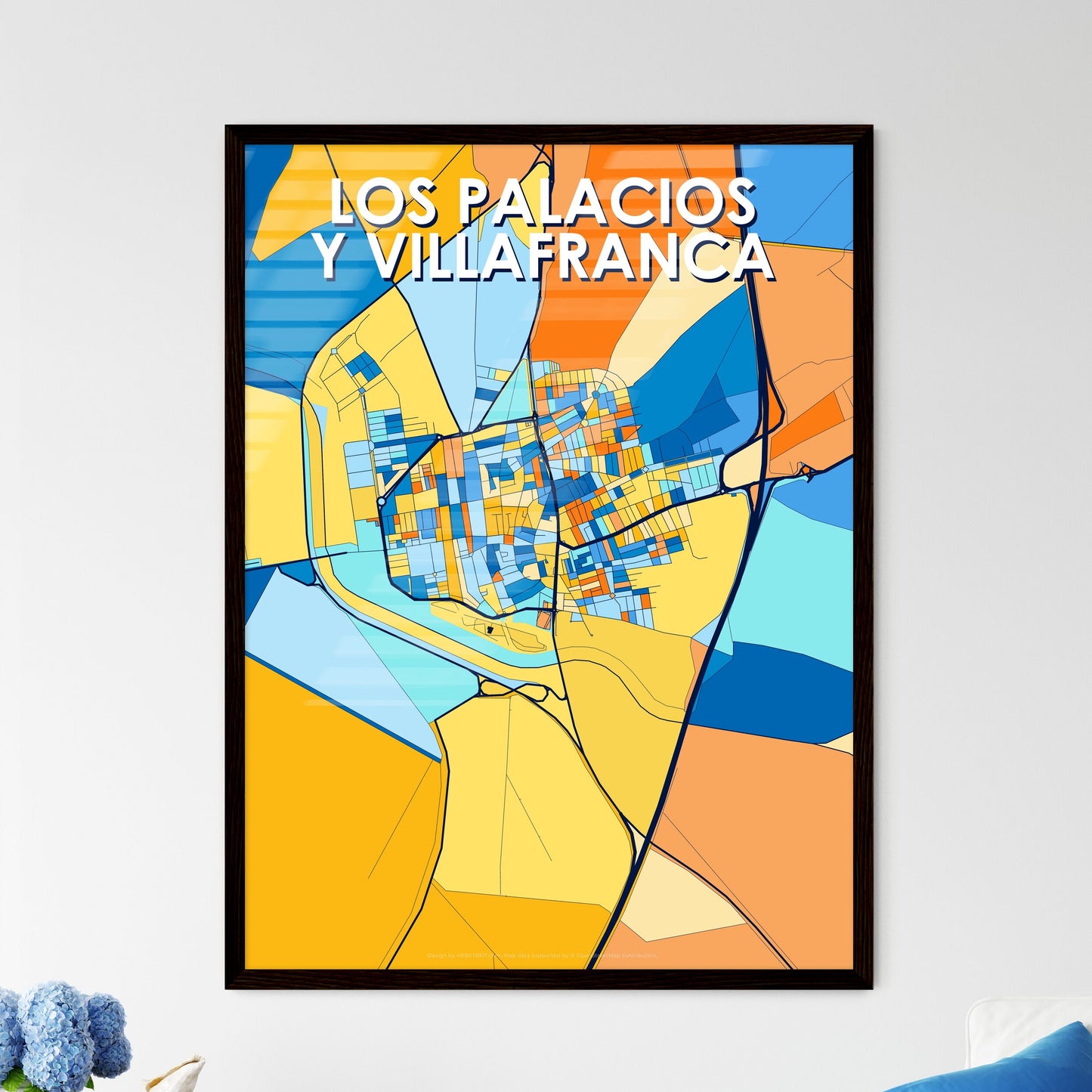 LOS PALACIOS Y VILLAFRANCA SPAIN Vibrant Colorful Art Map Poster Blue Orange