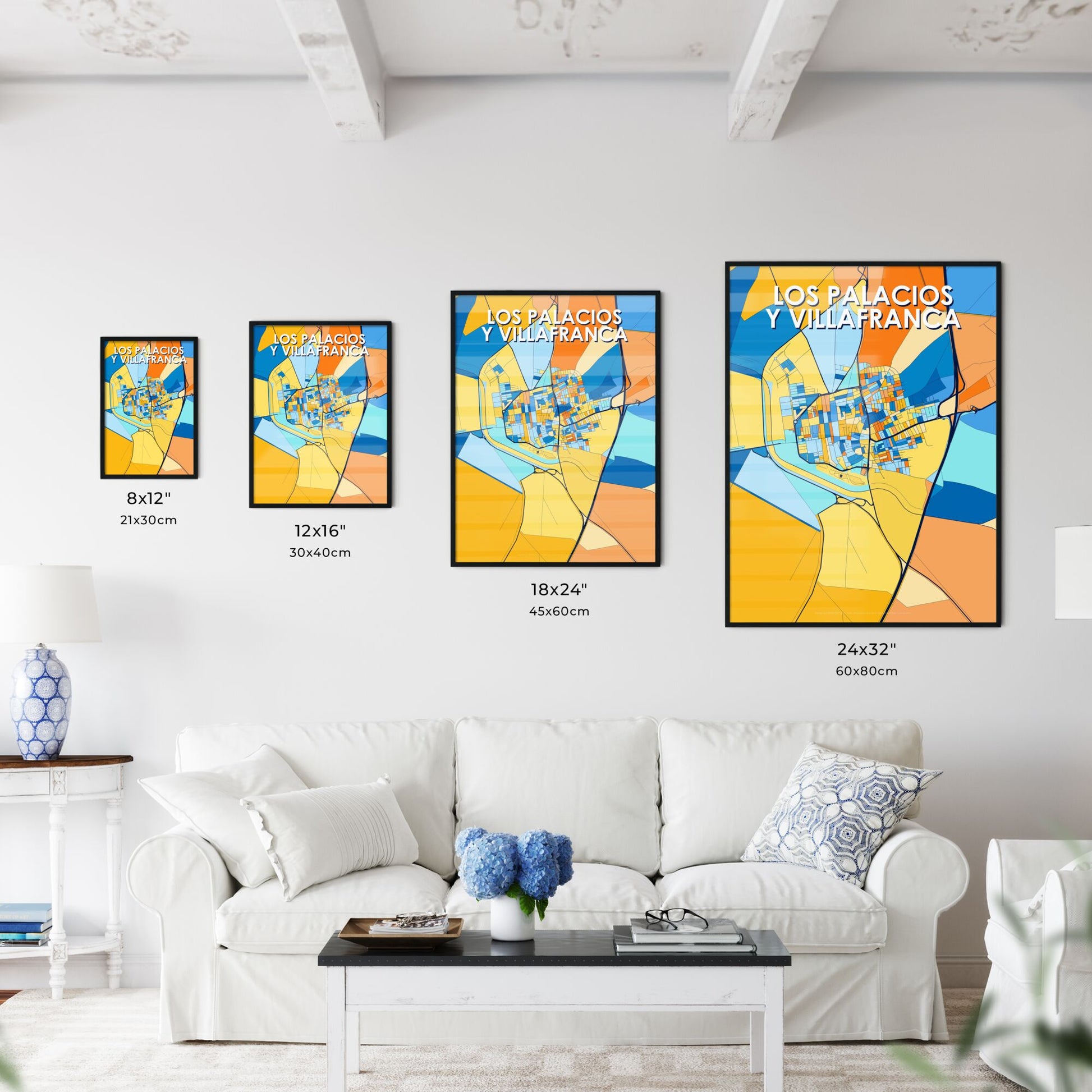 LOS PALACIOS Y VILLAFRANCA SPAIN Vibrant Colorful Art Map Poster Blue Orange