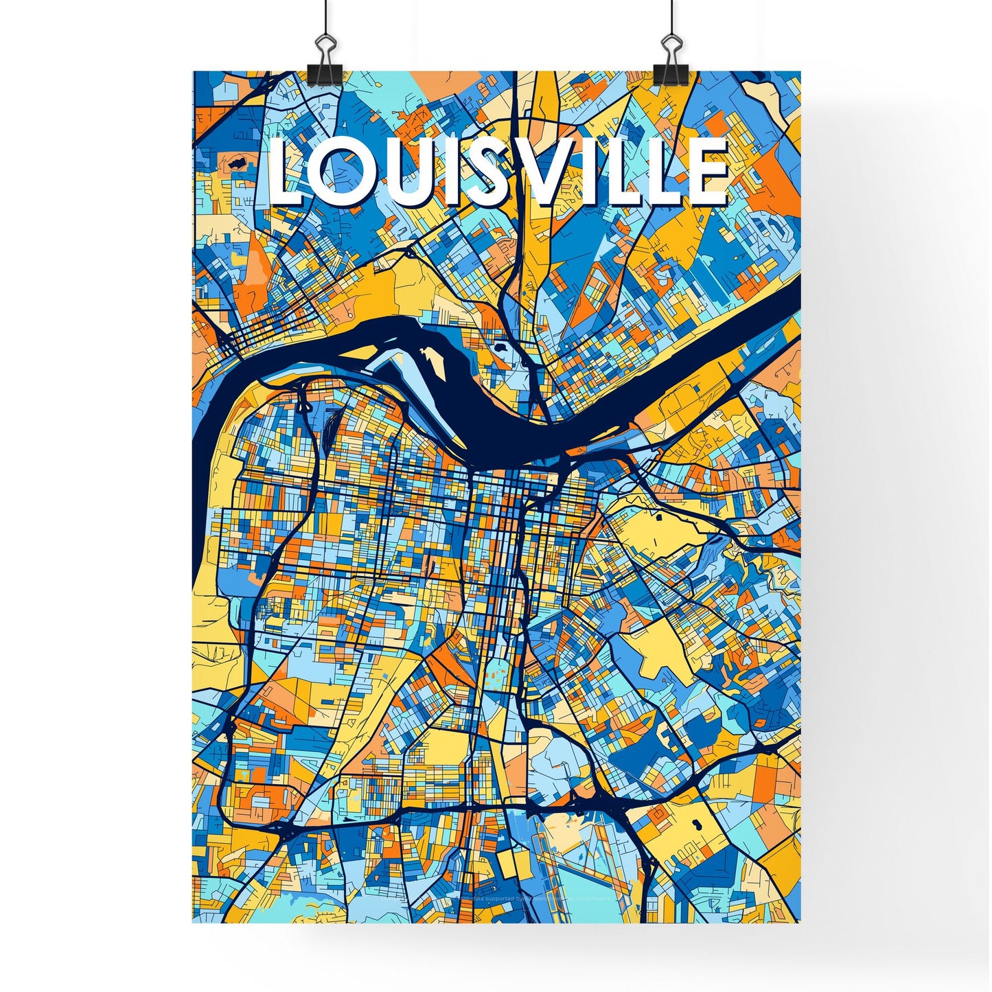 LOUISVILLE KENTUCKY Vibrant Colorful Art Map Poster Blue Orange