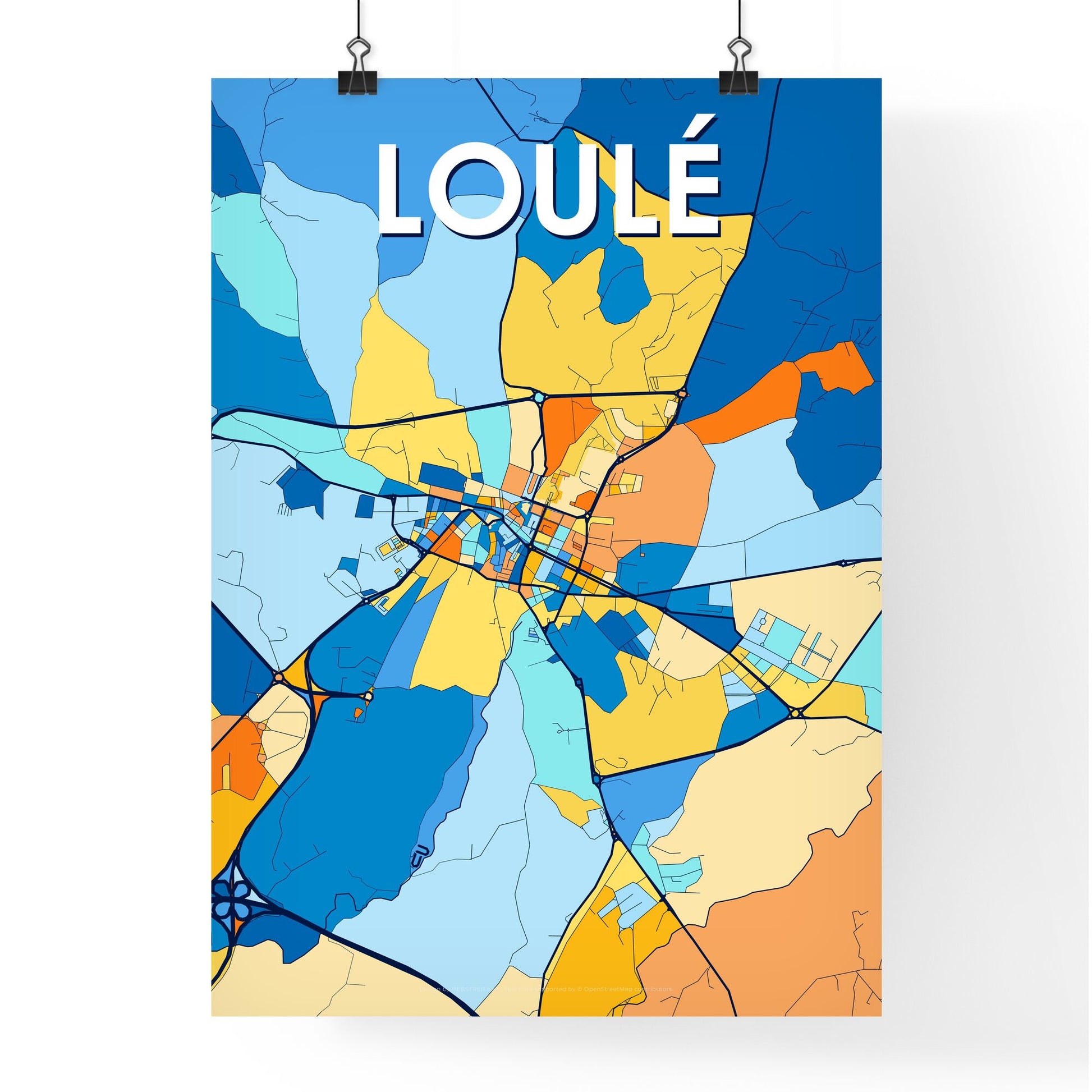 LOULÉ PORTUGAL Vibrant Colorful Art Map Poster Blue Orange