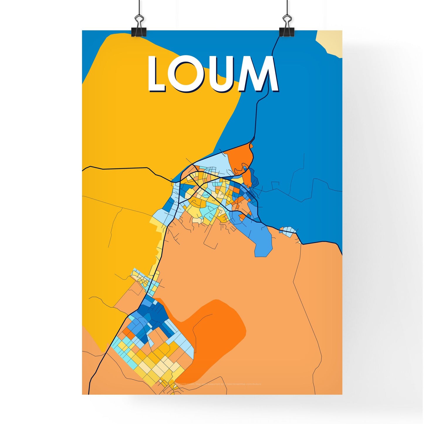 LOUM CAMEROON Vibrant Colorful Art Map Poster Blue Orange