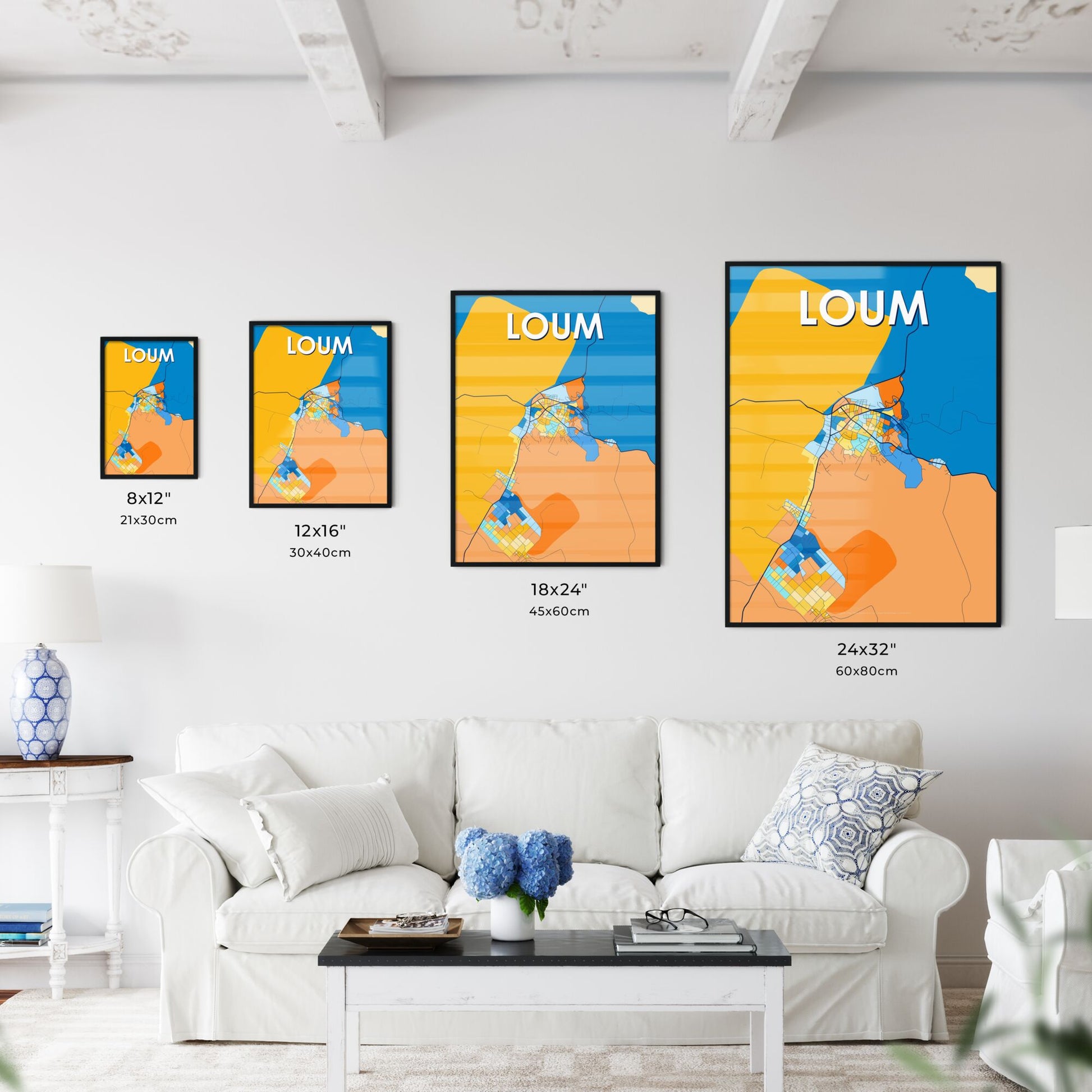 LOUM CAMEROON Vibrant Colorful Art Map Poster Blue Orange