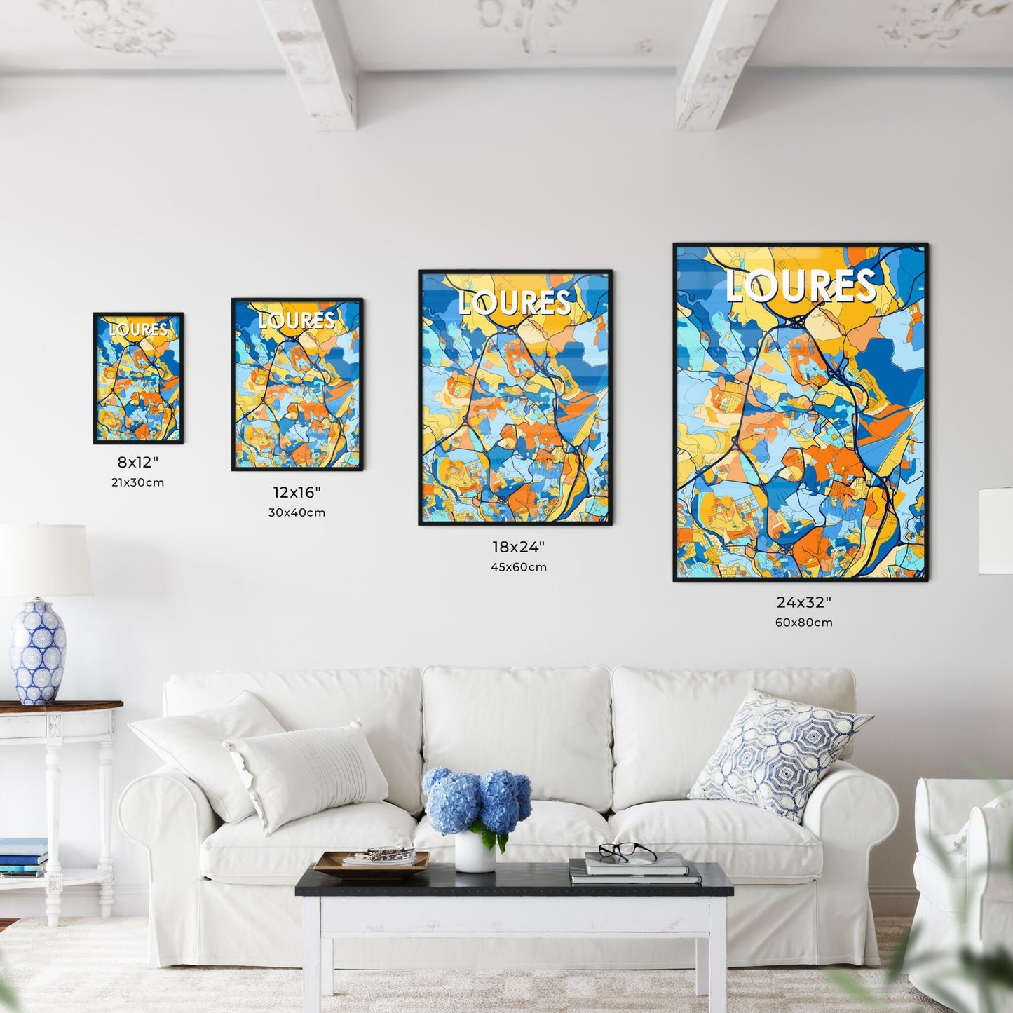 LOURES PORTUGAL Vibrant Colorful Art Map Poster Blue Orange