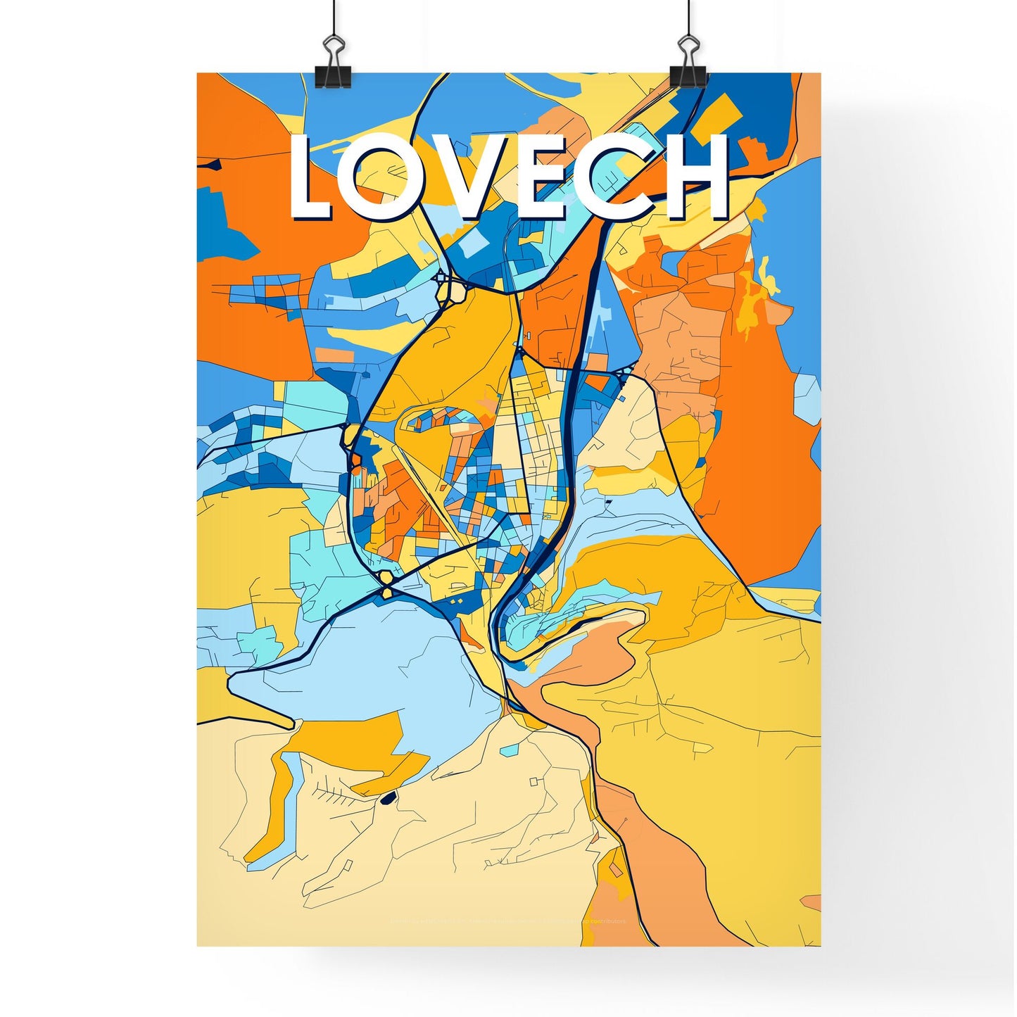 LOVECH BULGARIA Vibrant Colorful Art Map Poster Blue Orange