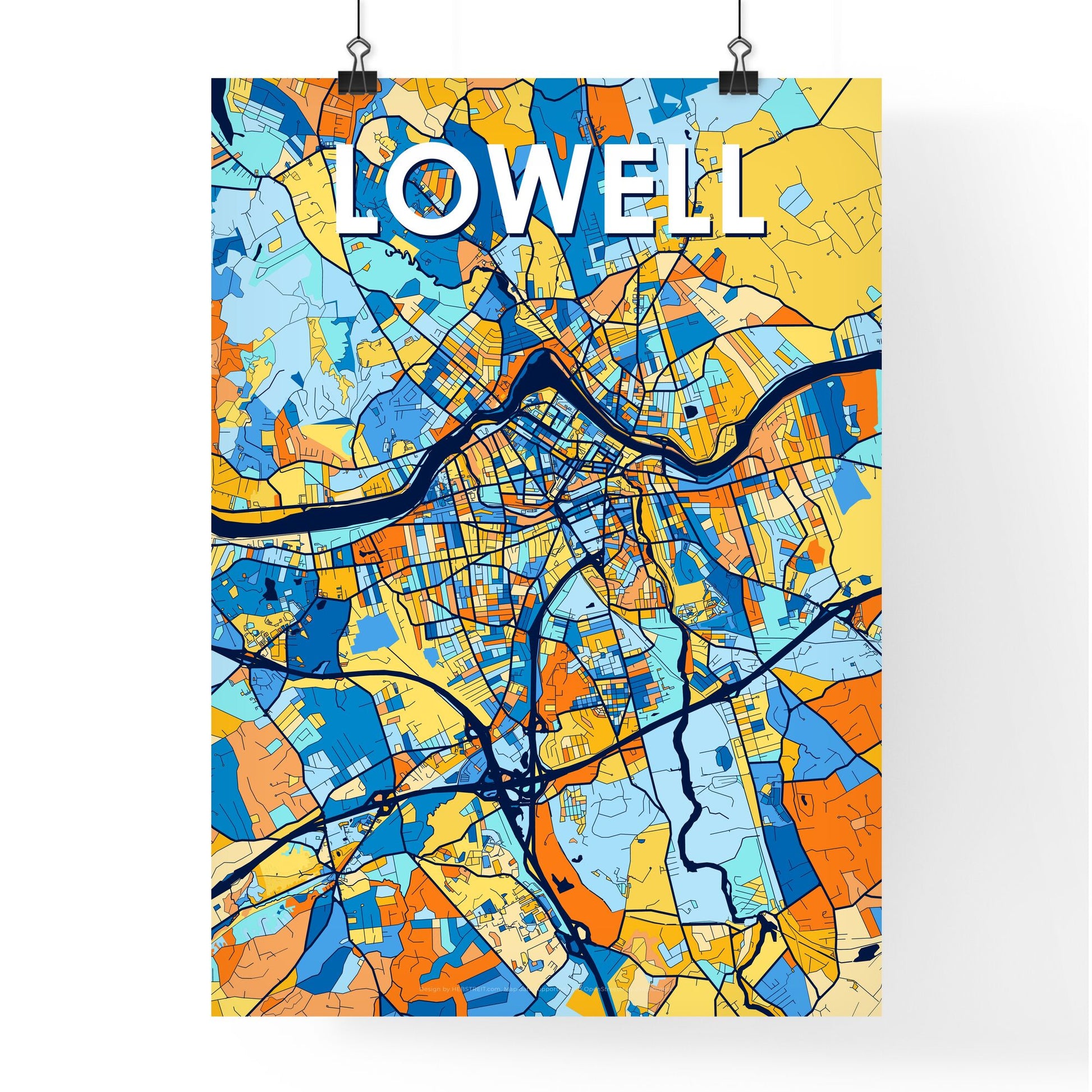 LOWELL MASSACHUSETTS Vibrant Colorful Art Map Poster Blue Orange