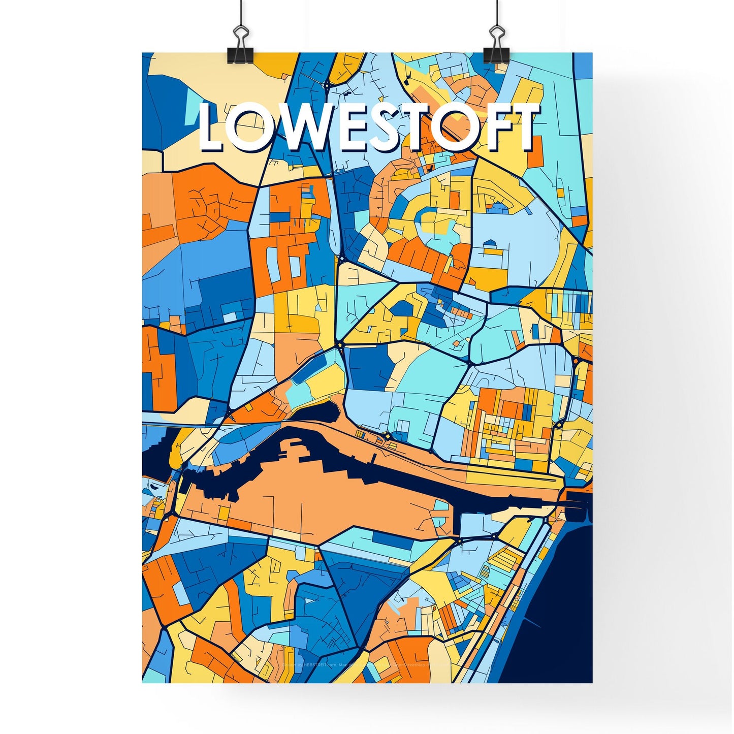 LOWESTOFT ENGLAND Vibrant Colorful Art Map Poster Blue Orange