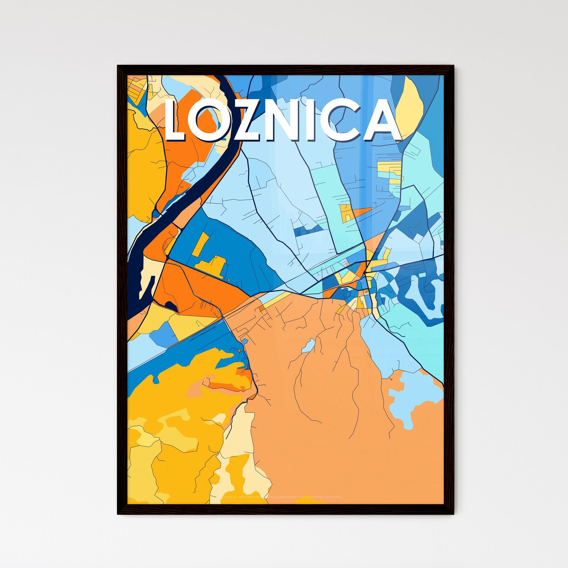 LOZNICA SERBIA Vibrant Colorful Art Map Poster Blue Orange