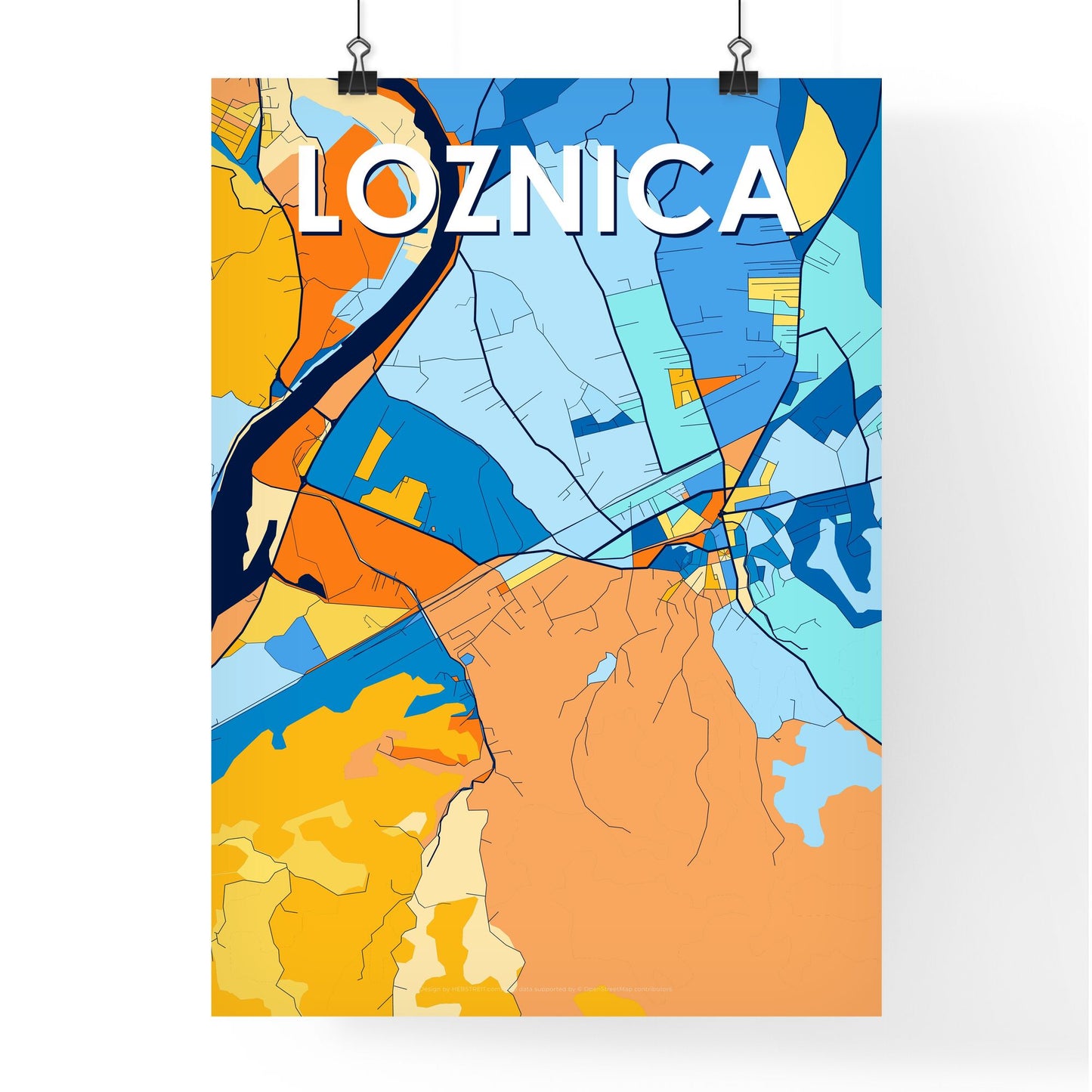 LOZNICA SERBIA Vibrant Colorful Art Map Poster Blue Orange