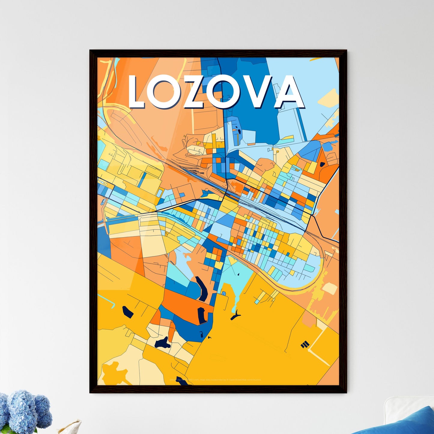 LOZOVA UKRAINE Vibrant Colorful Art Map Poster Blue Orange