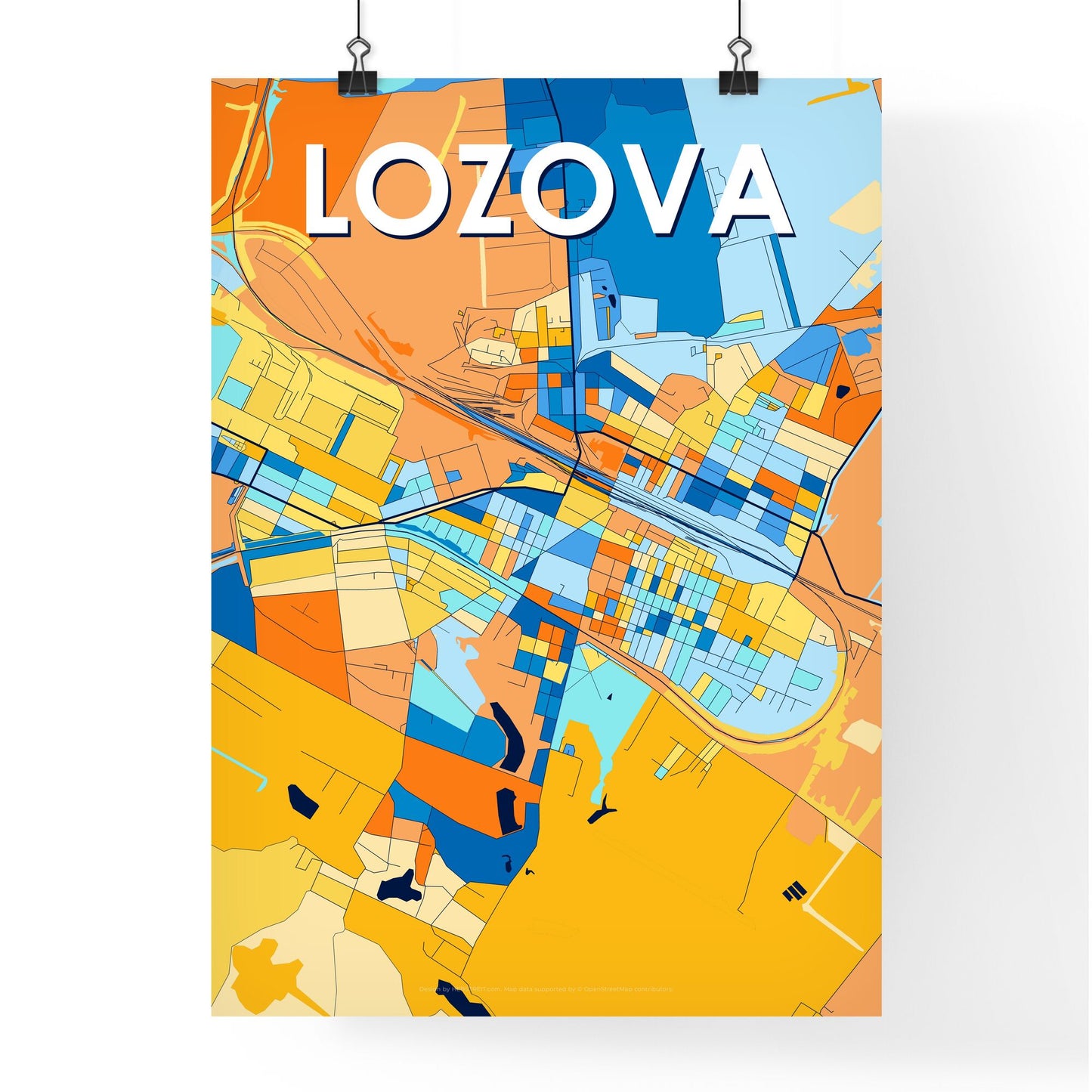 LOZOVA UKRAINE Vibrant Colorful Art Map Poster Blue Orange