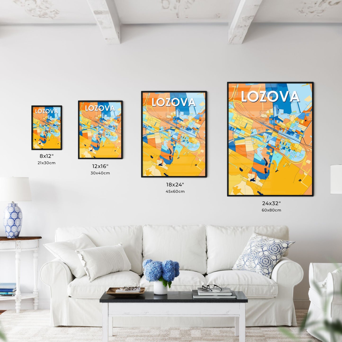 LOZOVA UKRAINE Vibrant Colorful Art Map Poster Blue Orange