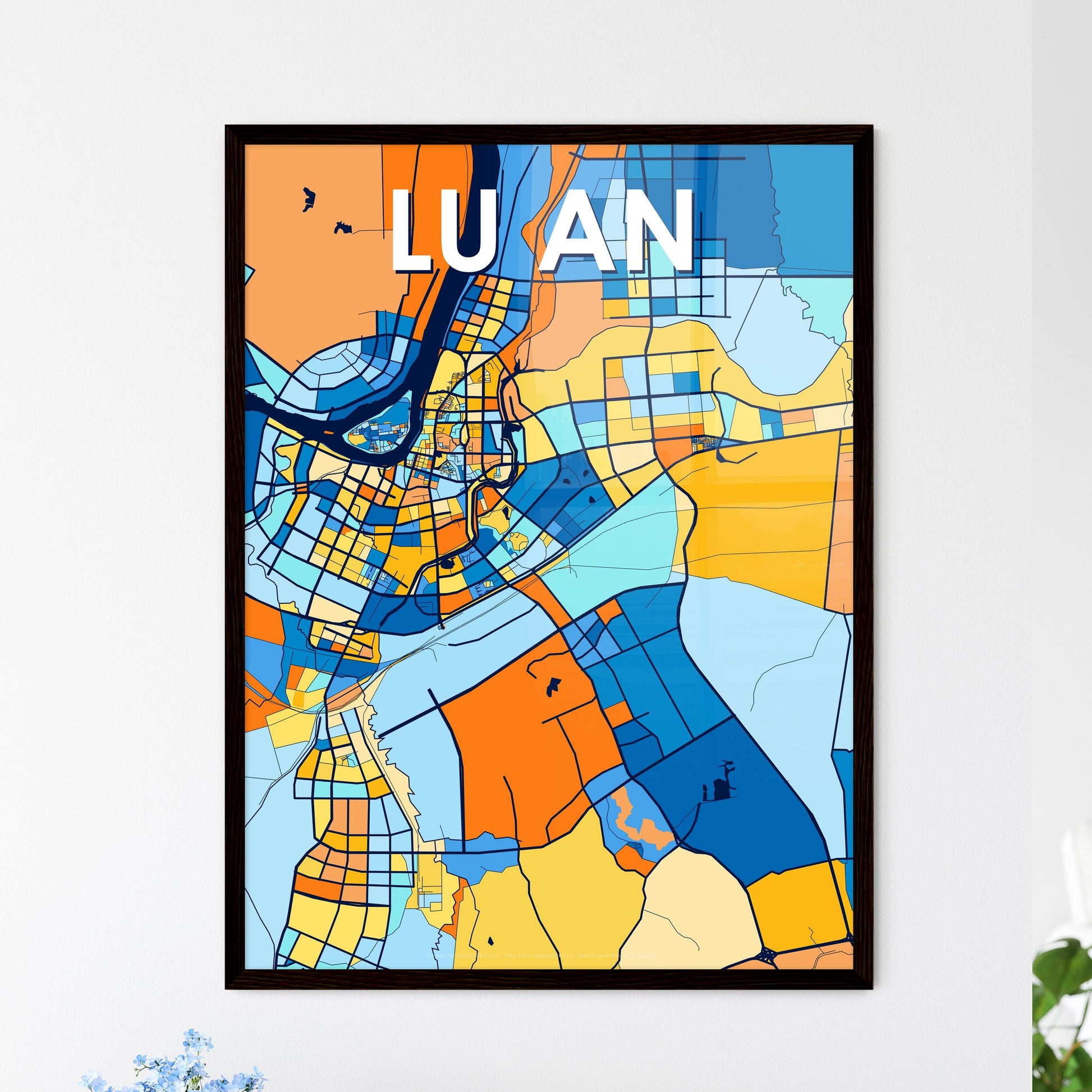 LU AN CHINA Vibrant Colorful Art Map Poster Blue Orange