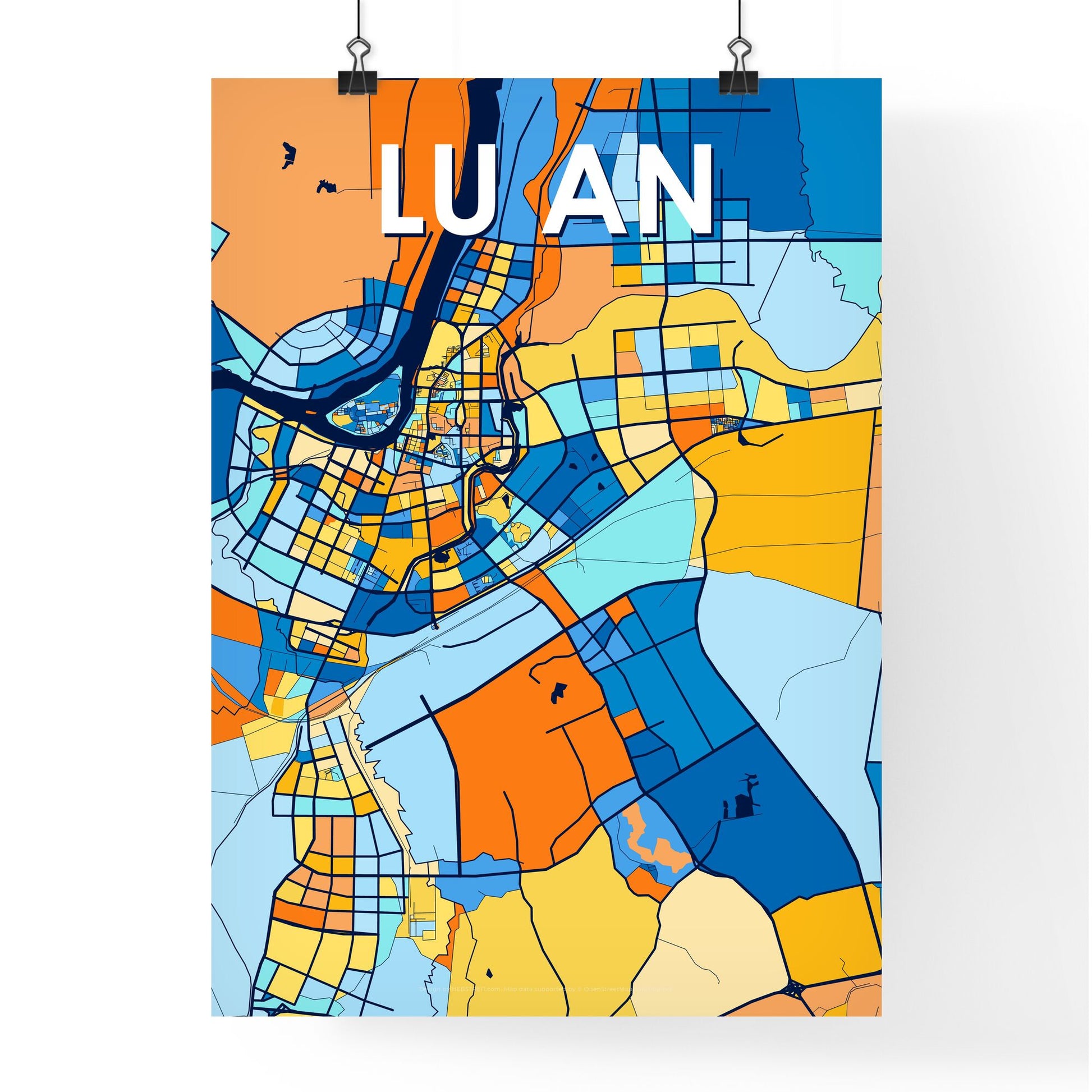 LU AN CHINA Vibrant Colorful Art Map Poster Blue Orange