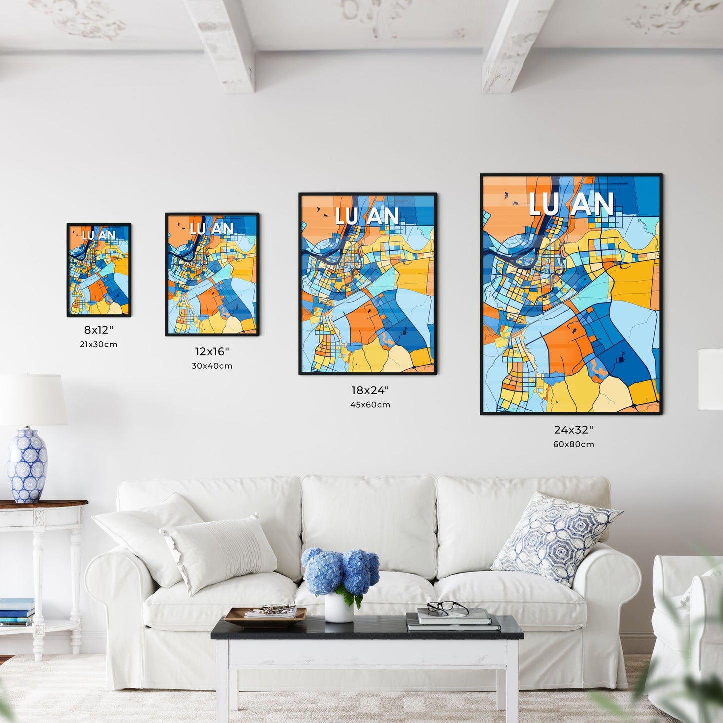 LU AN CHINA Vibrant Colorful Art Map Poster Blue Orange