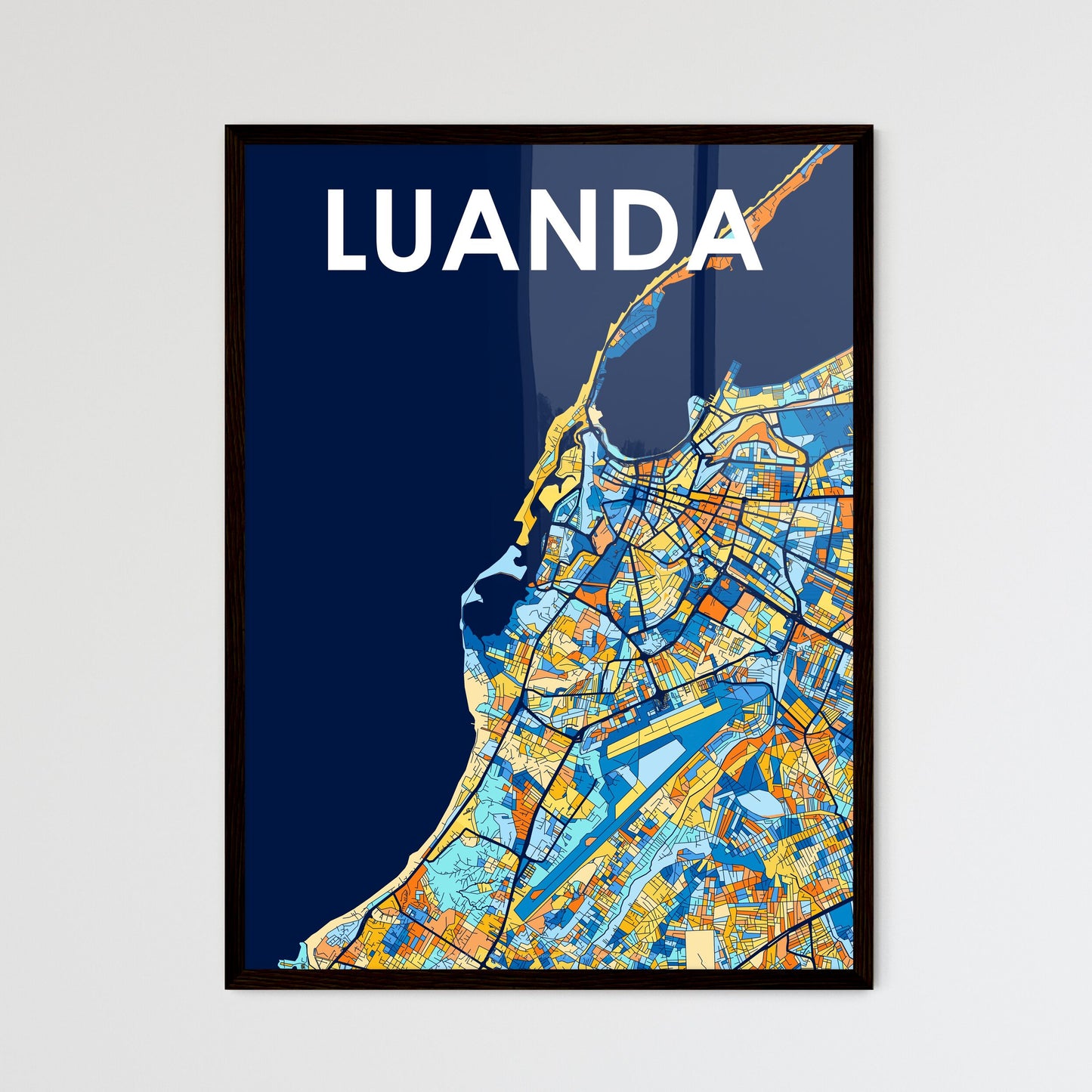 LUANDA ANGOLA Vibrant Colorful Art Map Poster Blue Orange