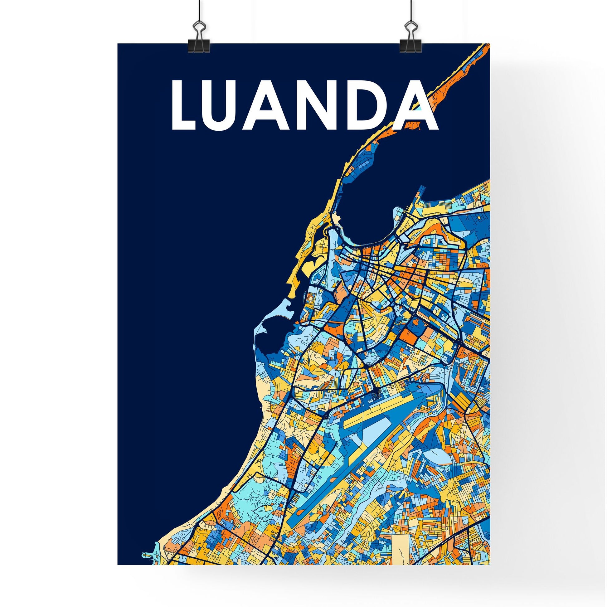 LUANDA ANGOLA Vibrant Colorful Art Map Poster Blue Orange