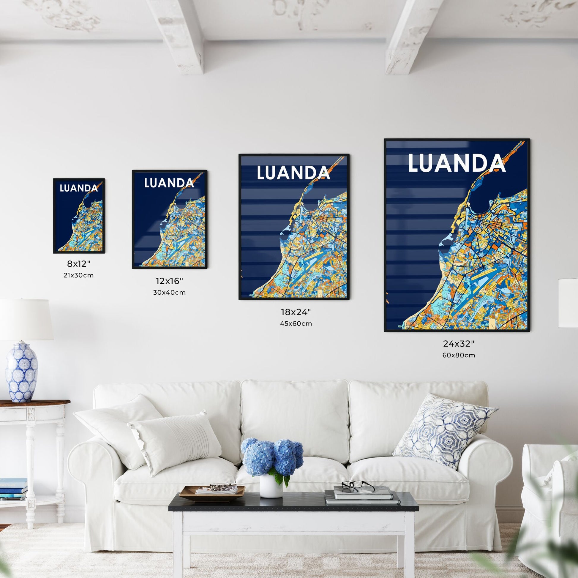 LUANDA ANGOLA Vibrant Colorful Art Map Poster Blue Orange