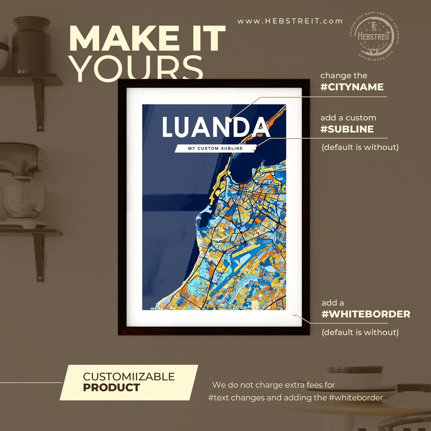 LUANDA ANGOLA Vibrant Colorful Art Map Poster Blue Orange