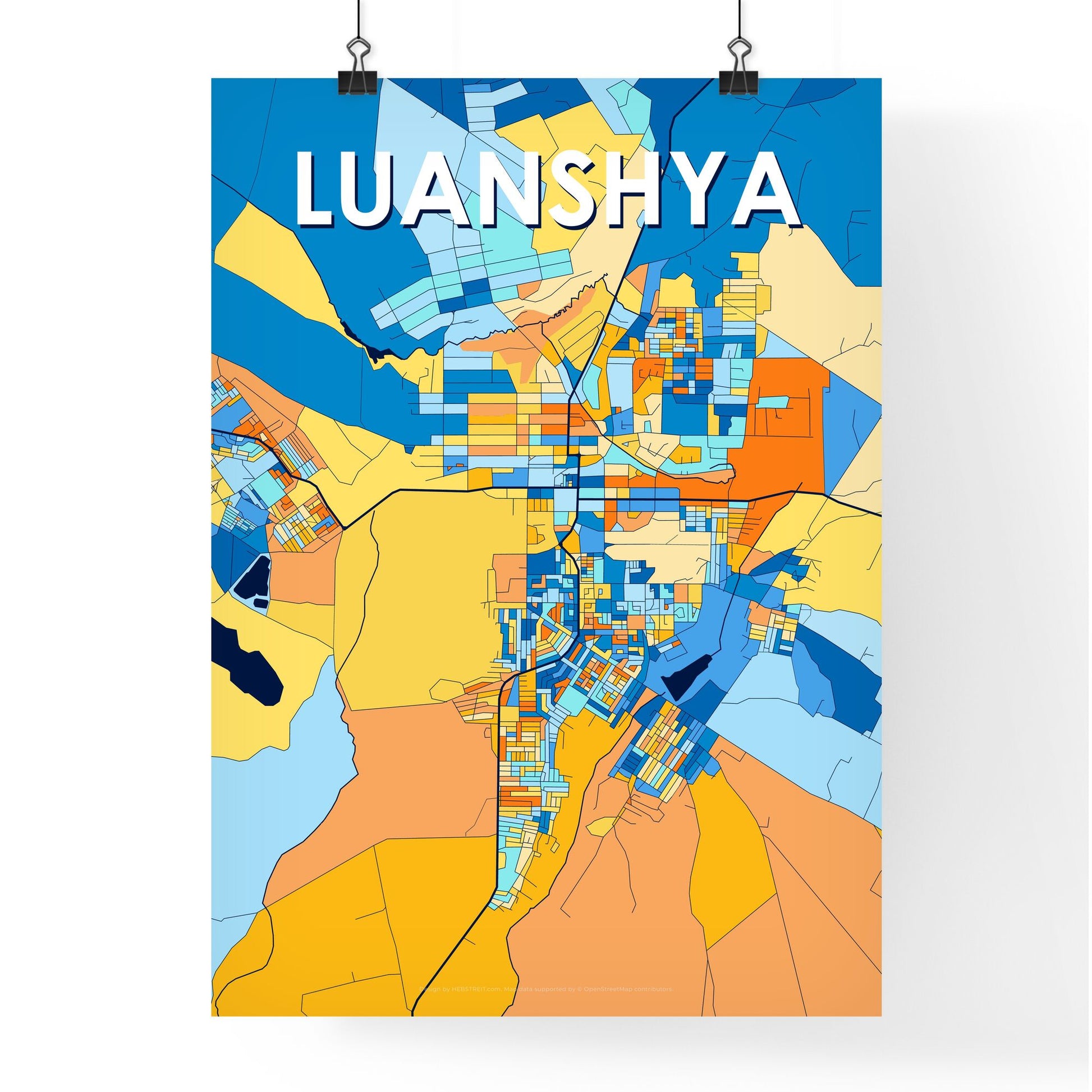 LUANSHYA ZAMBIA Vibrant Colorful Art Map Poster Blue Orange