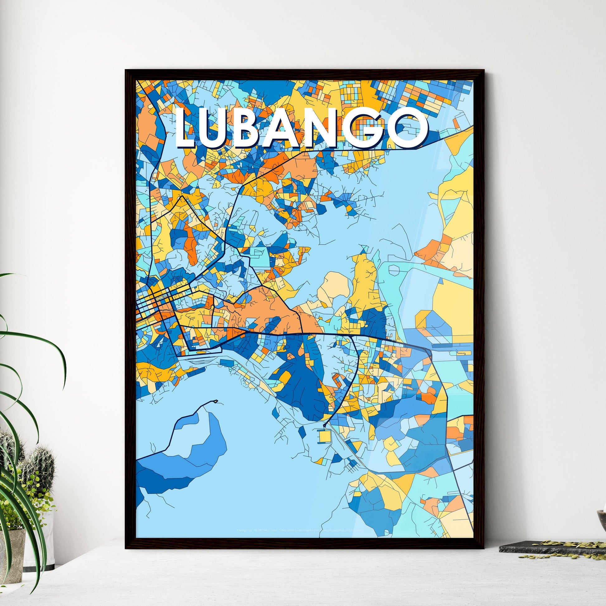 LUBANGO ANGOLA Vibrant Colorful Art Map Poster Blue Orange