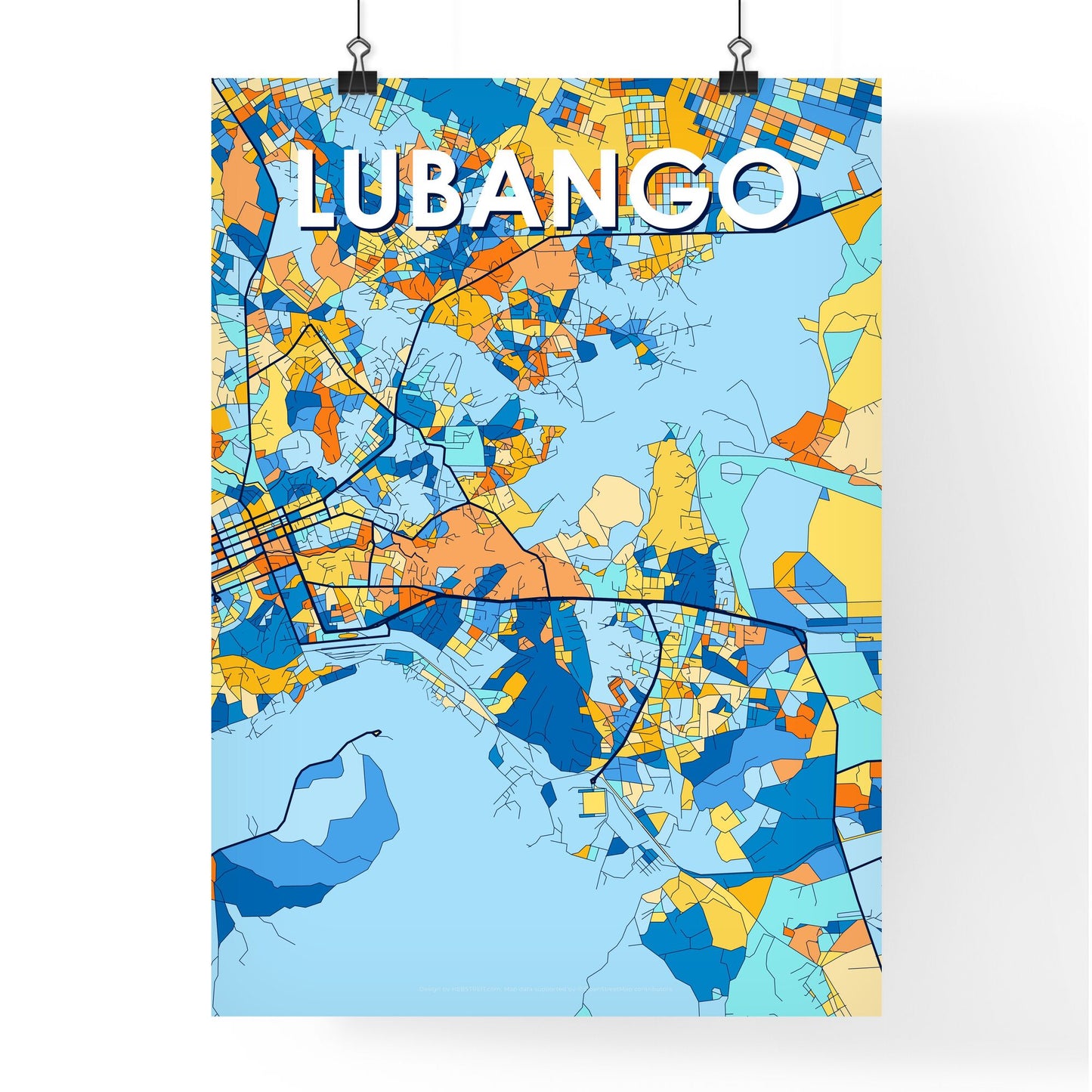 LUBANGO ANGOLA Vibrant Colorful Art Map Poster Blue Orange