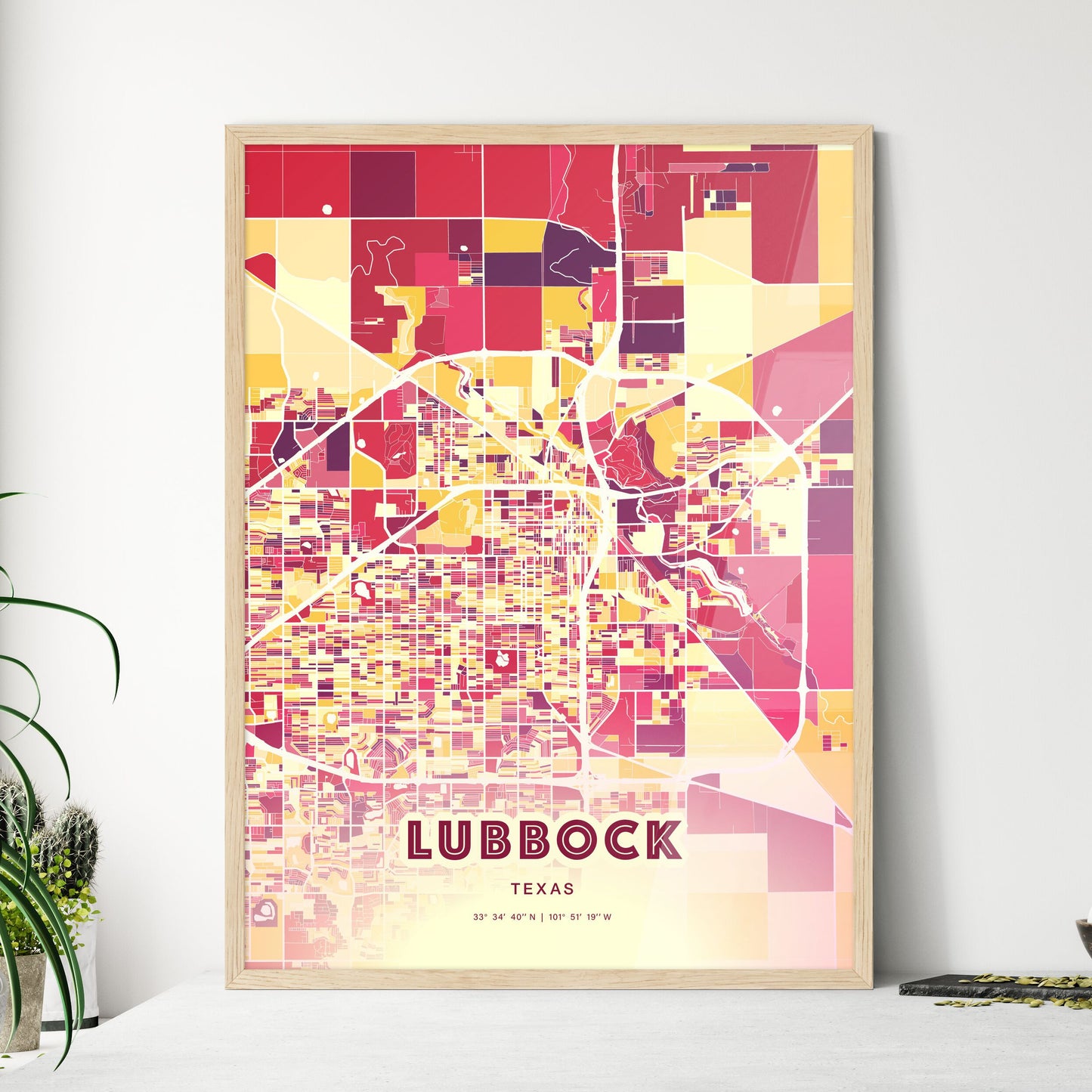 Colorful Lubbock Texas Fine Art Map Hot Red