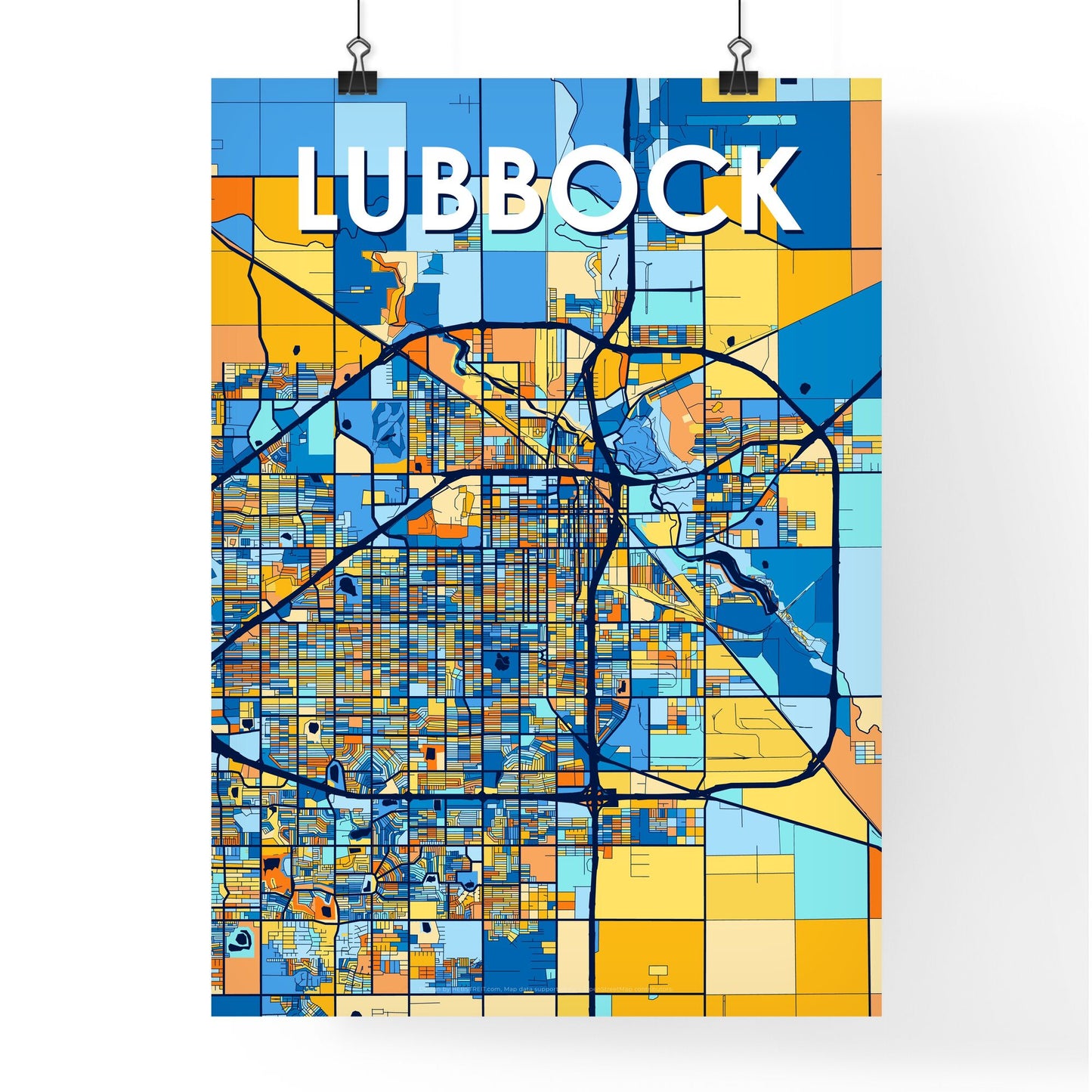 LUBBOCK TEXAS Vibrant Colorful Art Map Poster Blue Orange