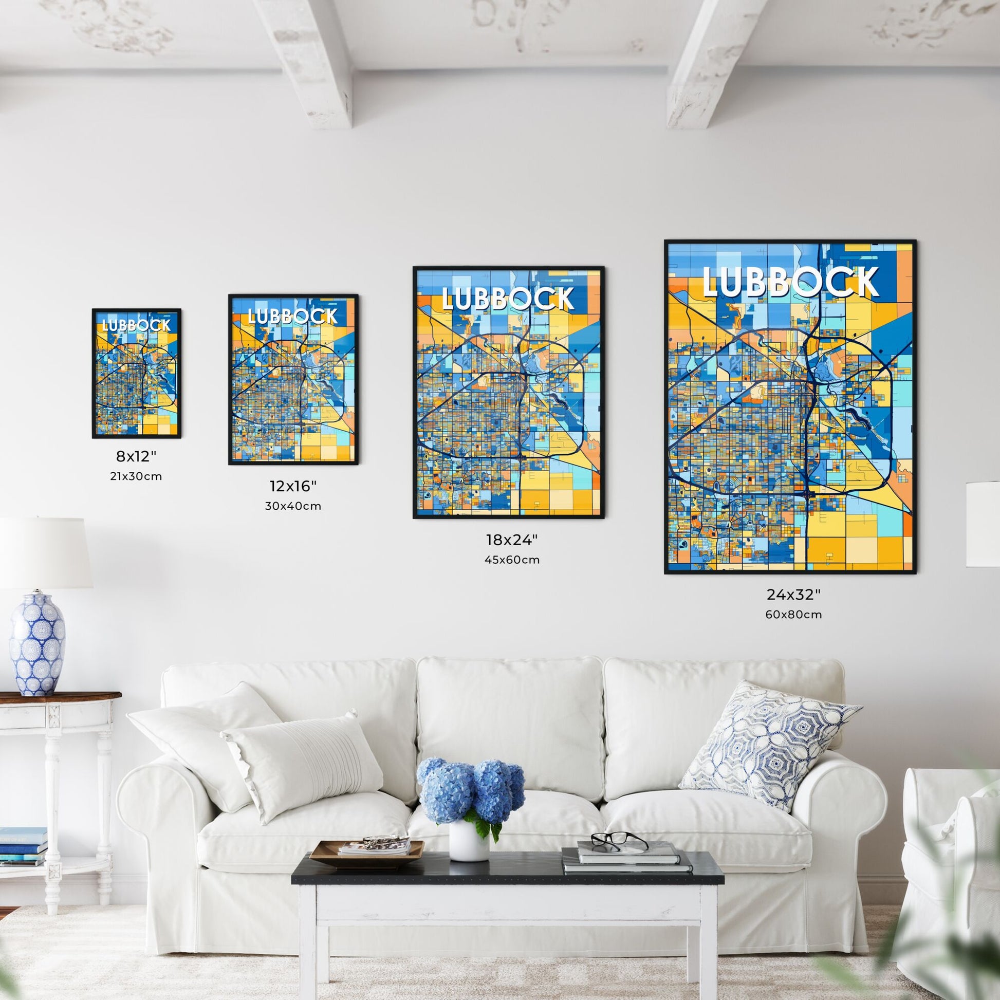 LUBBOCK TEXAS Vibrant Colorful Art Map Poster Blue Orange