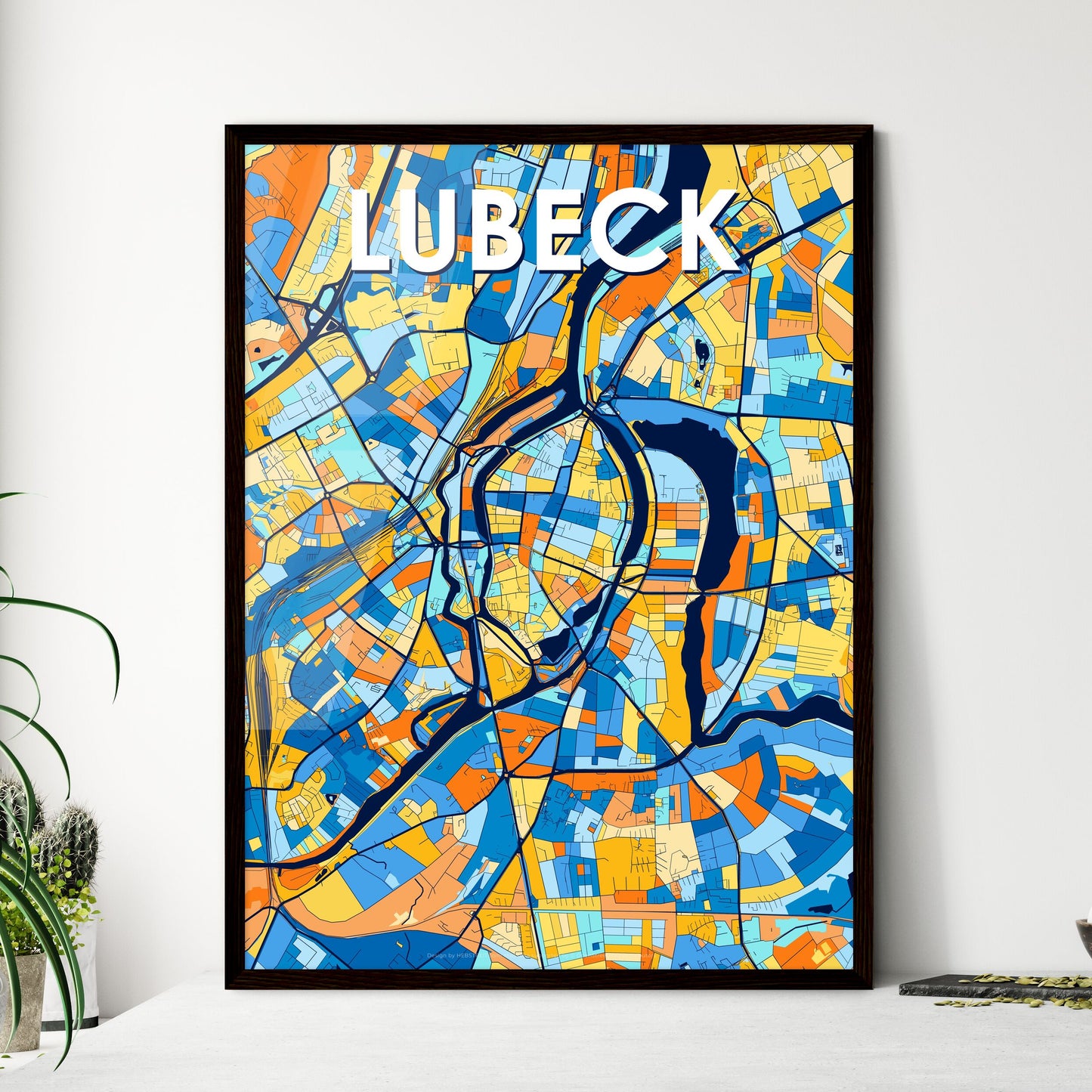 LUBECK GERMANY Vibrant Colorful Art Map Poster Blue Orange