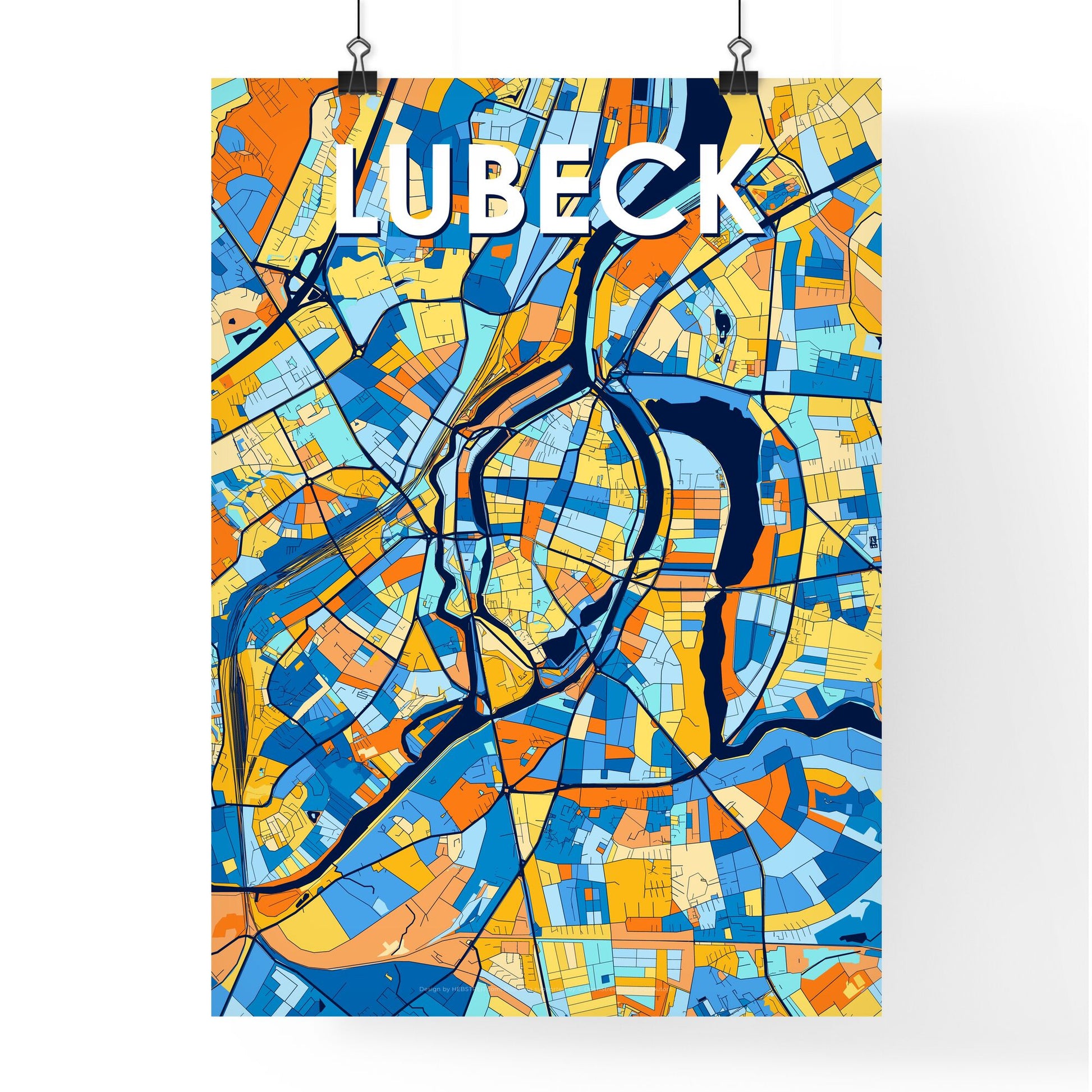 LUBECK GERMANY Vibrant Colorful Art Map Poster Blue Orange